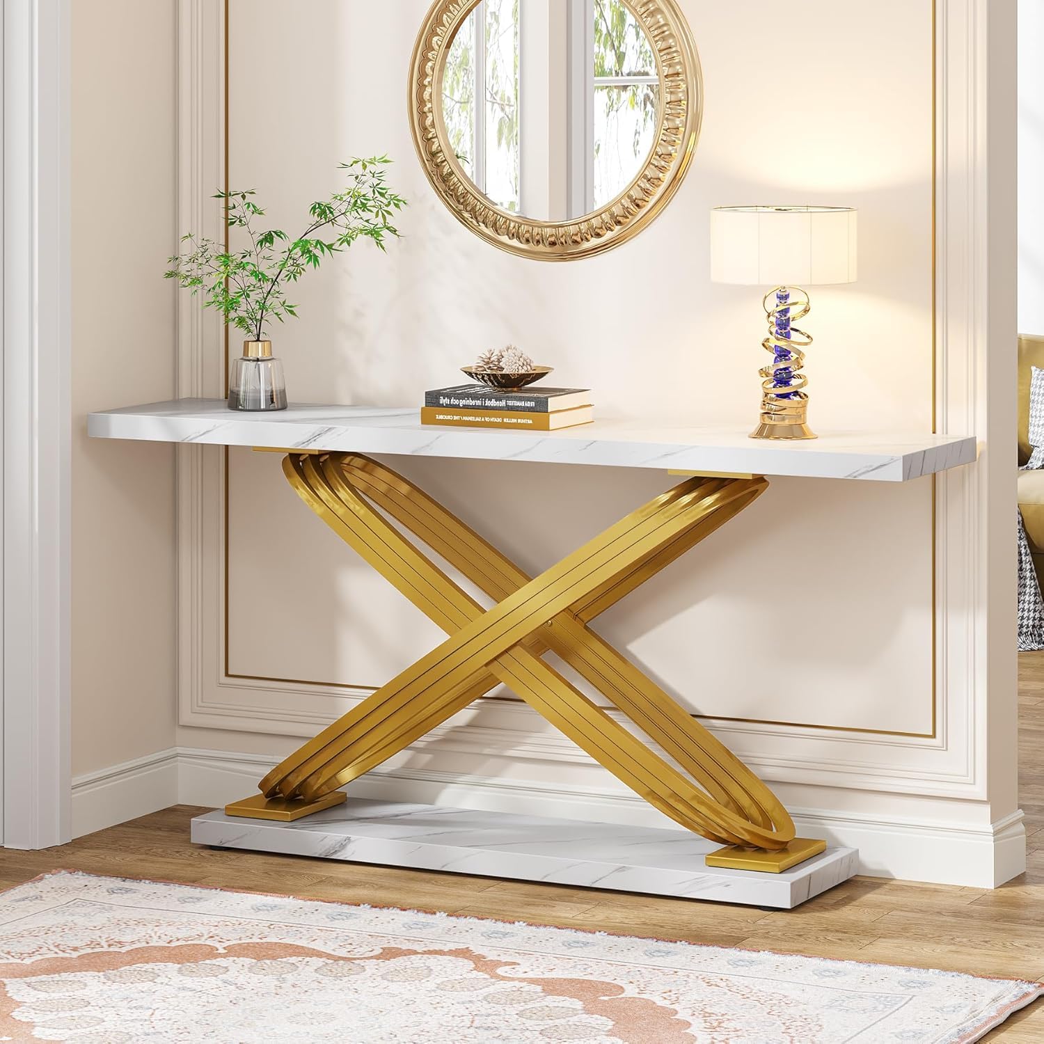 55 Inch Modern Console Table with Gold Metal Frame