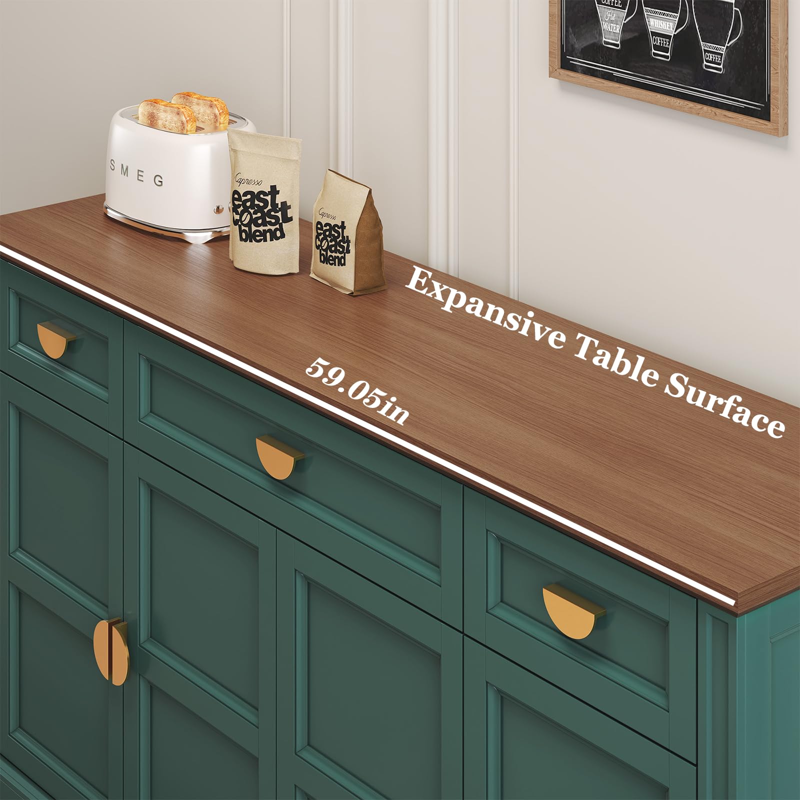 60" Shaker Buffet Sideboard Cabinet with 4 Doors and 3 Drawers