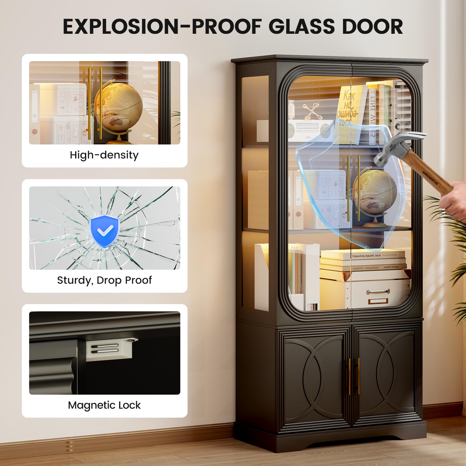 Display Curio Cabinet with Glass Doors and LED Lights
