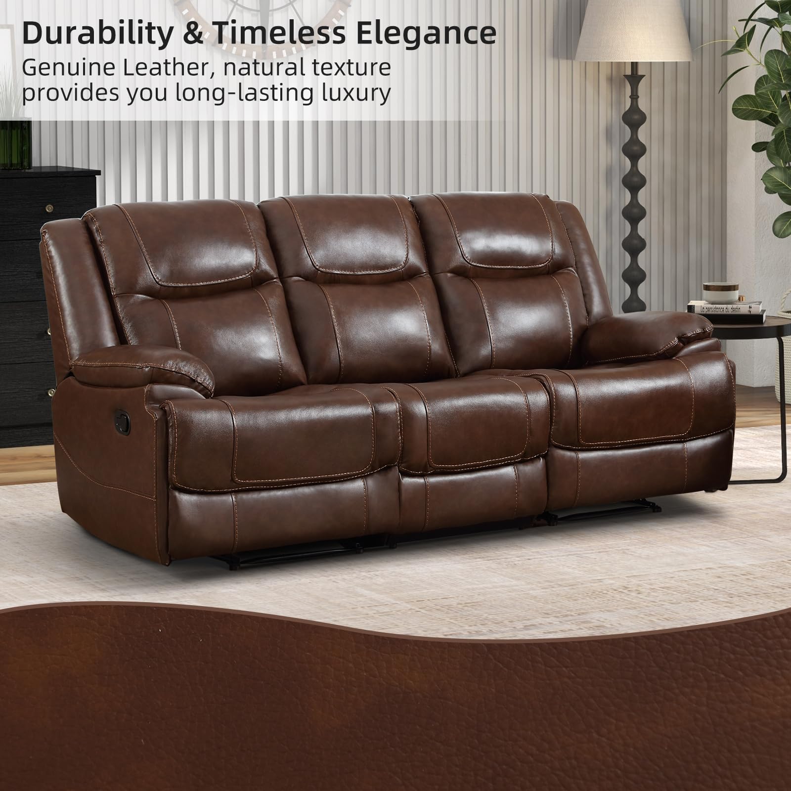 EBELLO Genuine Leather Recliner Manual 3 Seat Sofa Couch for Living Room, 3 Seater Reclining Sofa Chair with Headrest and Armrest, Modern Durable Home Furniture for Meeting Room, Vintage Brown