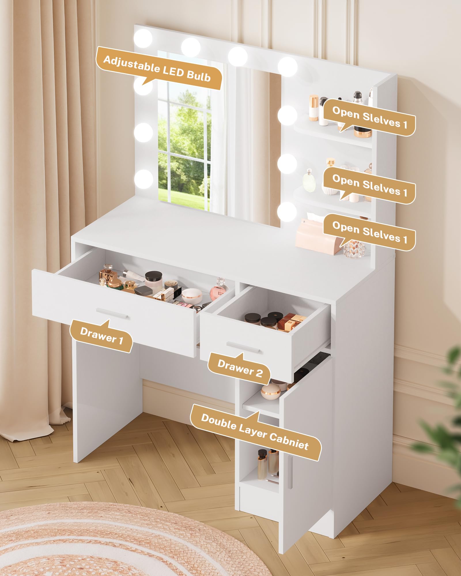 Lighted Makeup Vanity Desk with Mirror and Storage