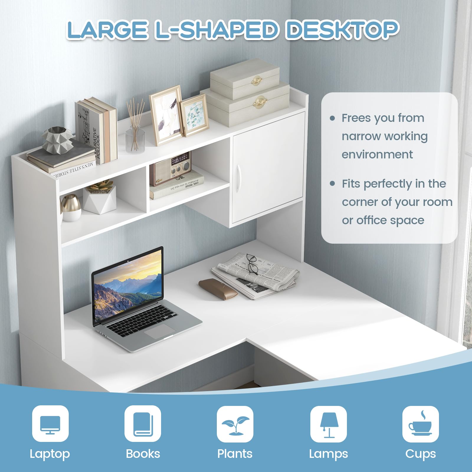 L-Shaped Desk with Storage Hutch and Cabinet
