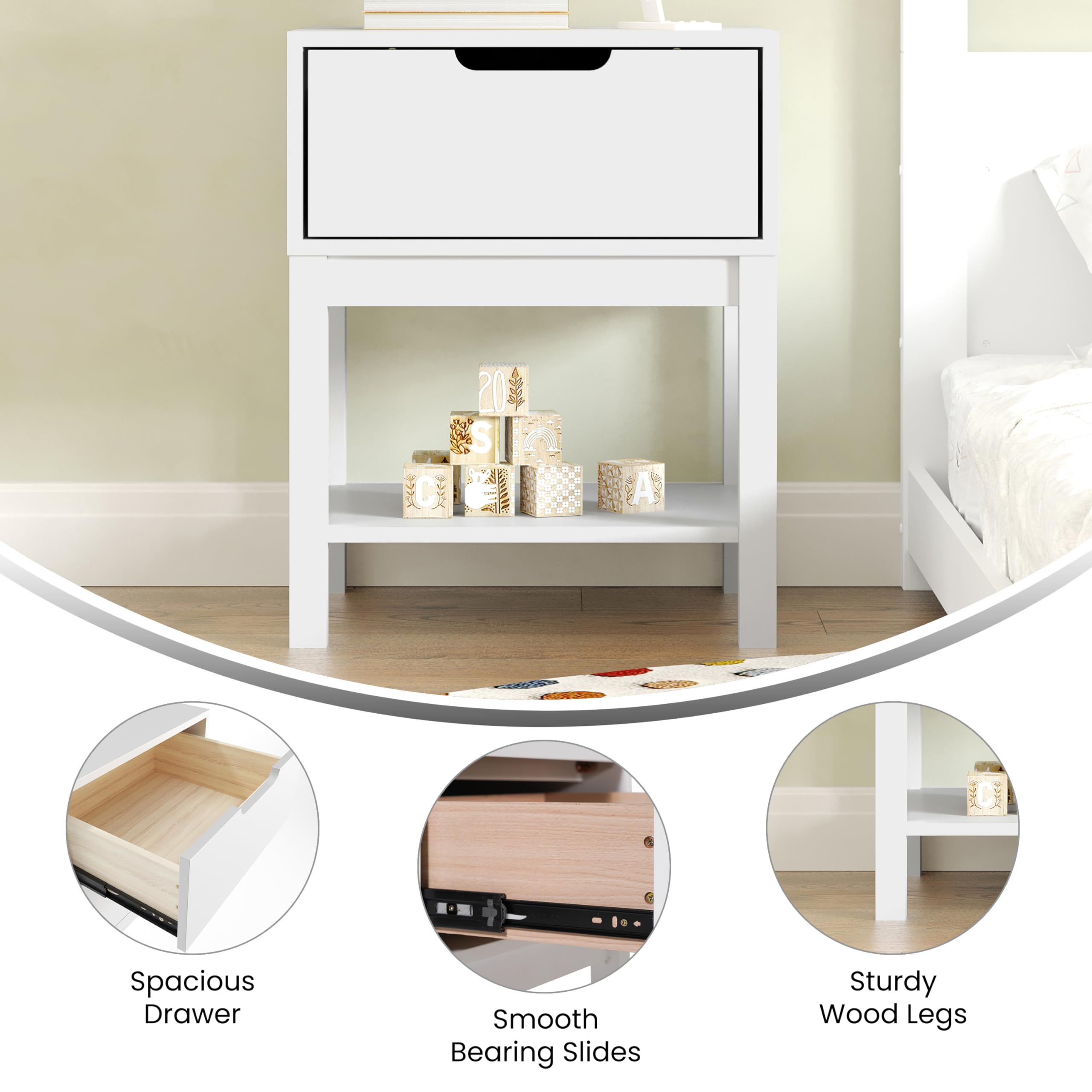 Kids Wood Nightstand with Drawer and Shelf