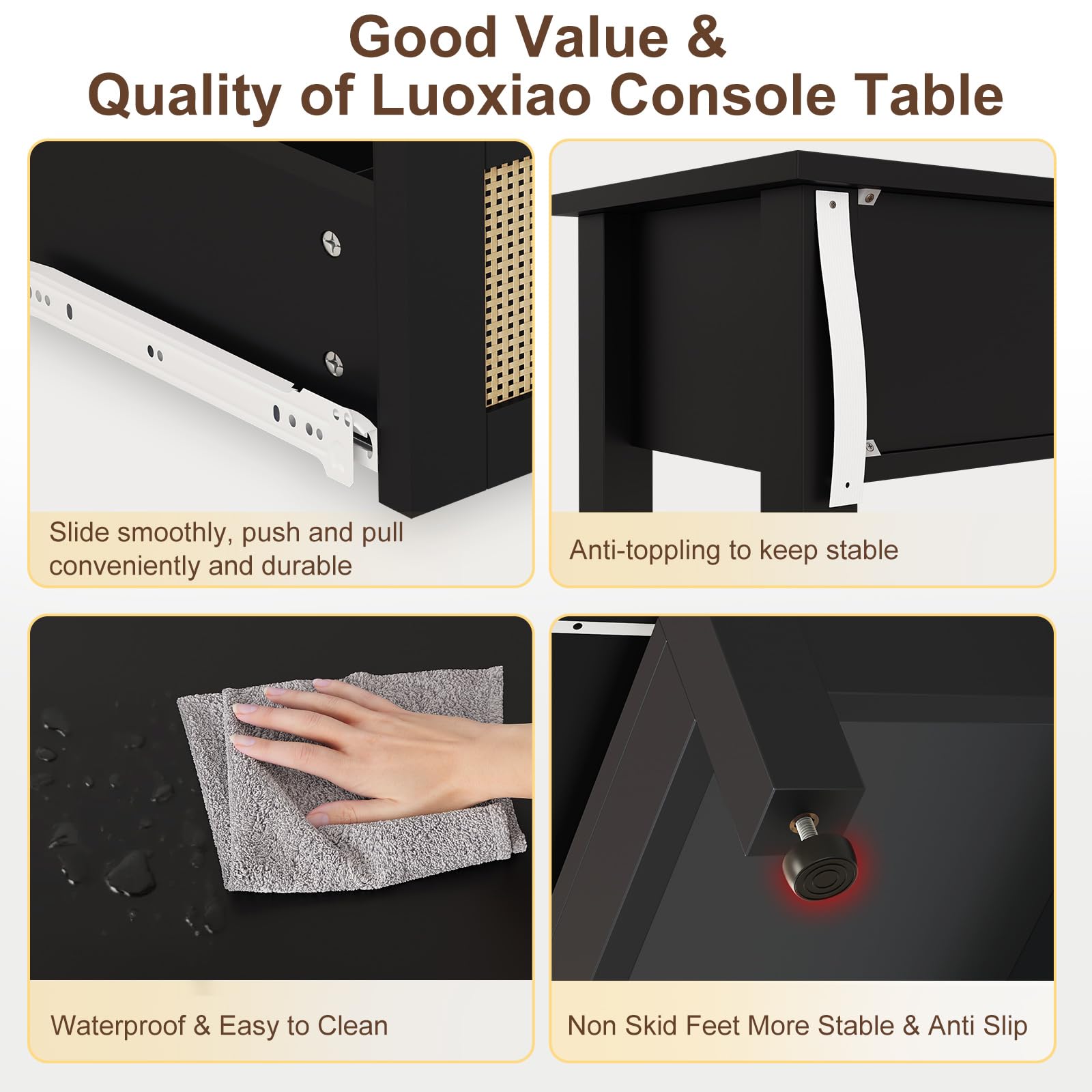 Console Table with 3 Rattan Drawers - 47 Inch Black