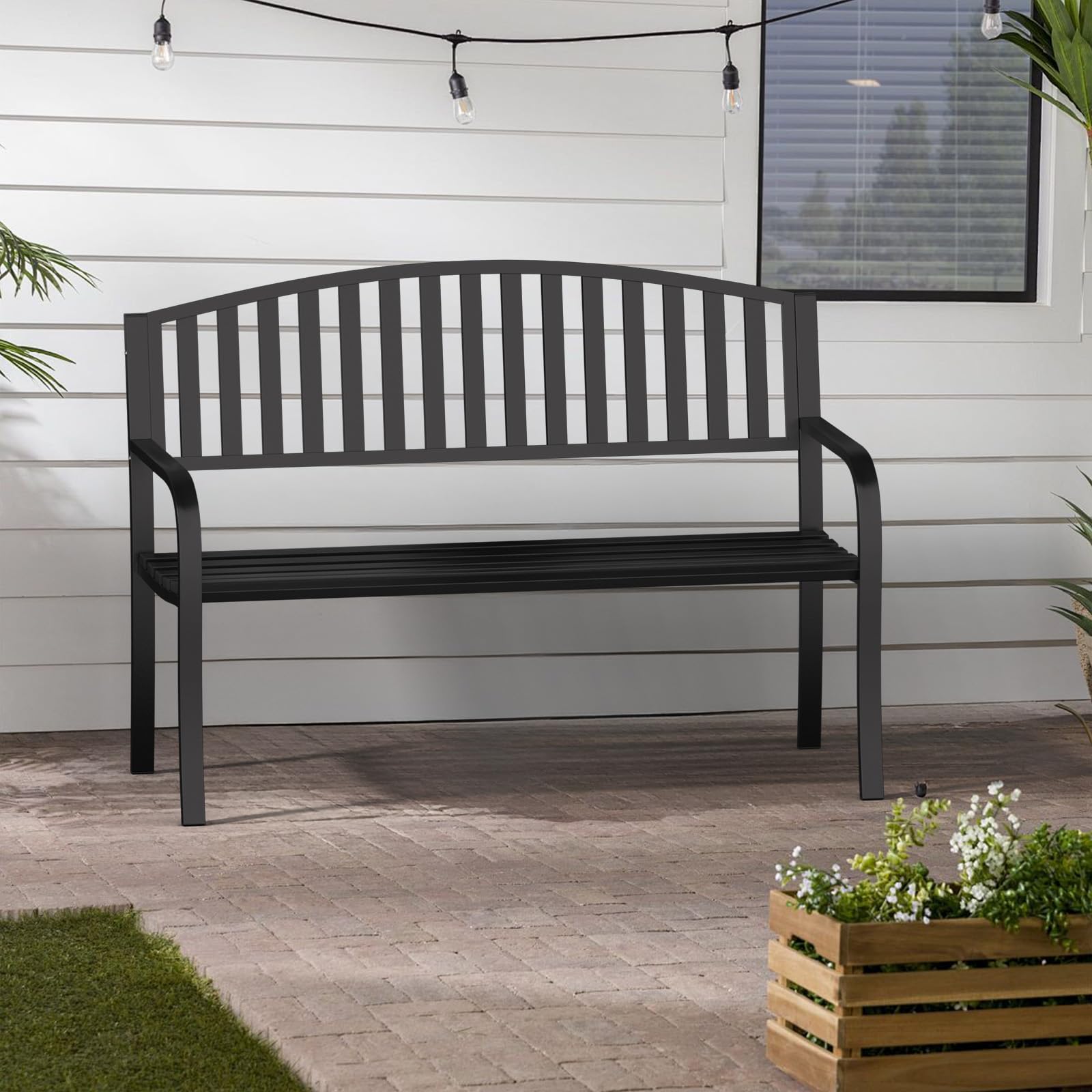 50" Metal Outdoor Bench with Armrests