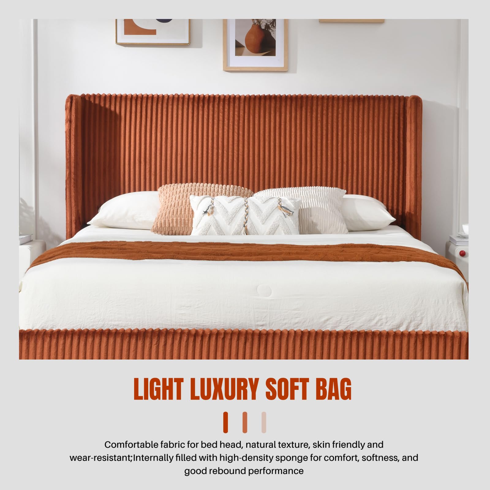 Queen Size Upholstered Platform Bed Frame with Vertical Striped Wingback Headboard