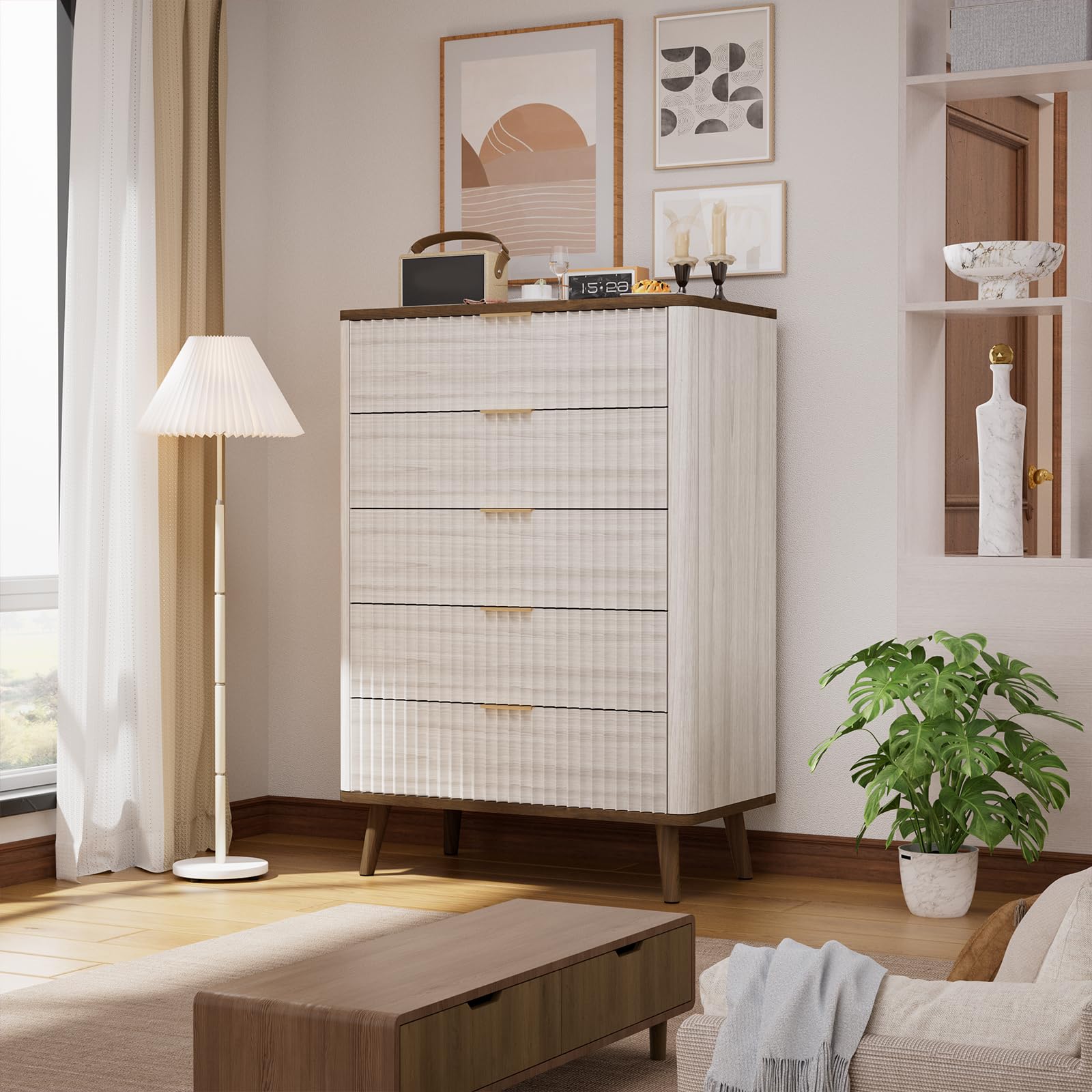 Fluted Wood 5 Drawer Dresser Tall Chest