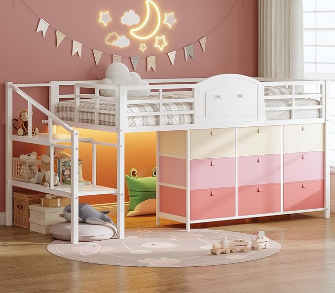 Low Loft Bed Twin Size with 9 Storage Drawers and LED Lights