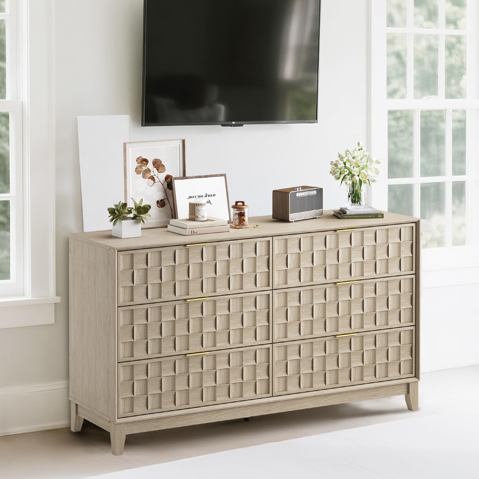 Modern Wooden 6 Drawer Dresser 55 Inch with Fluted Design