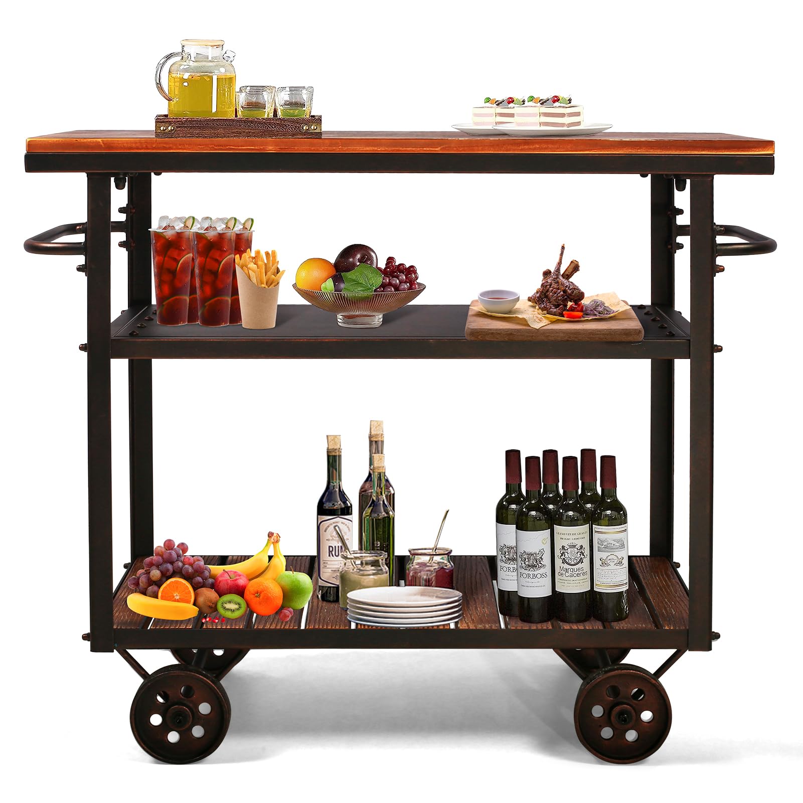 Industrial Bar Cart with Wheels - 3-Tier Metal Serving Cart