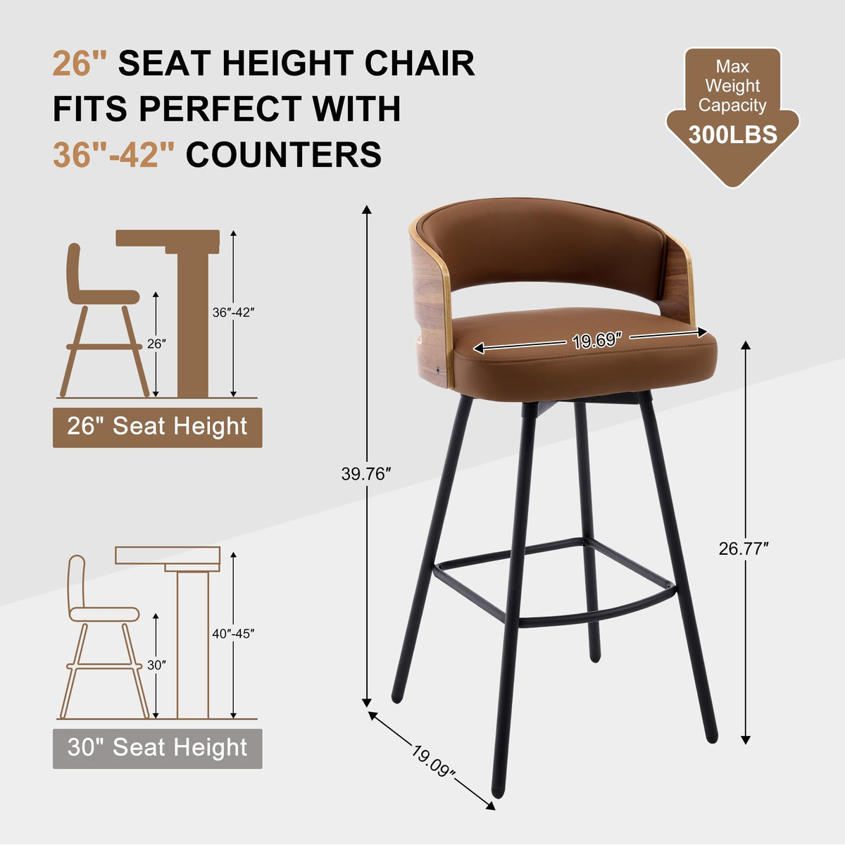 Swivel Bar Stools Set of 2 - 26 Inch Counter Height