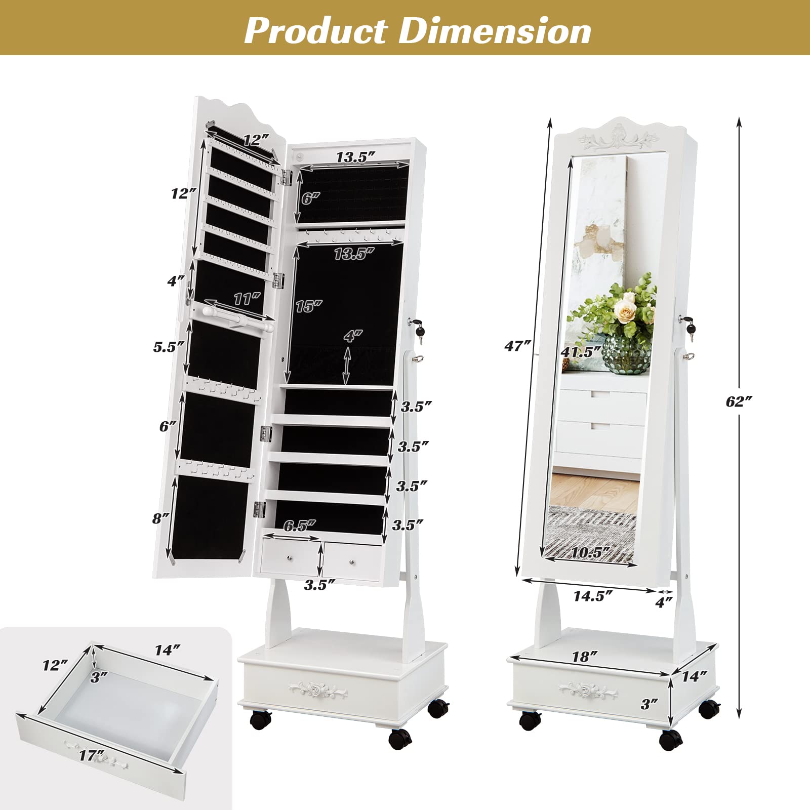 Rolling Jewelry Armoire with Full Length Mirror