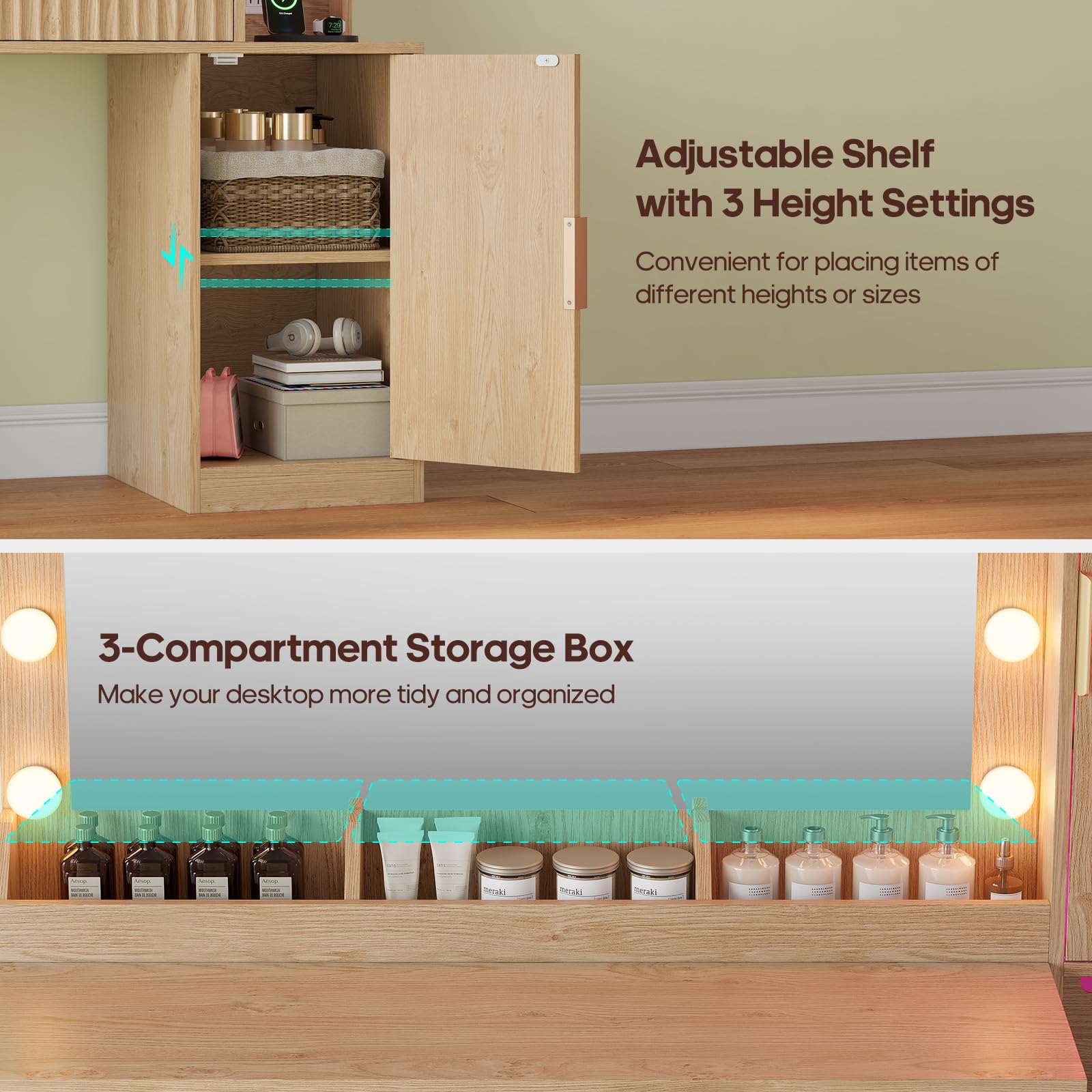 Fluted Makeup Vanity Desk with Large Mirror and Lights