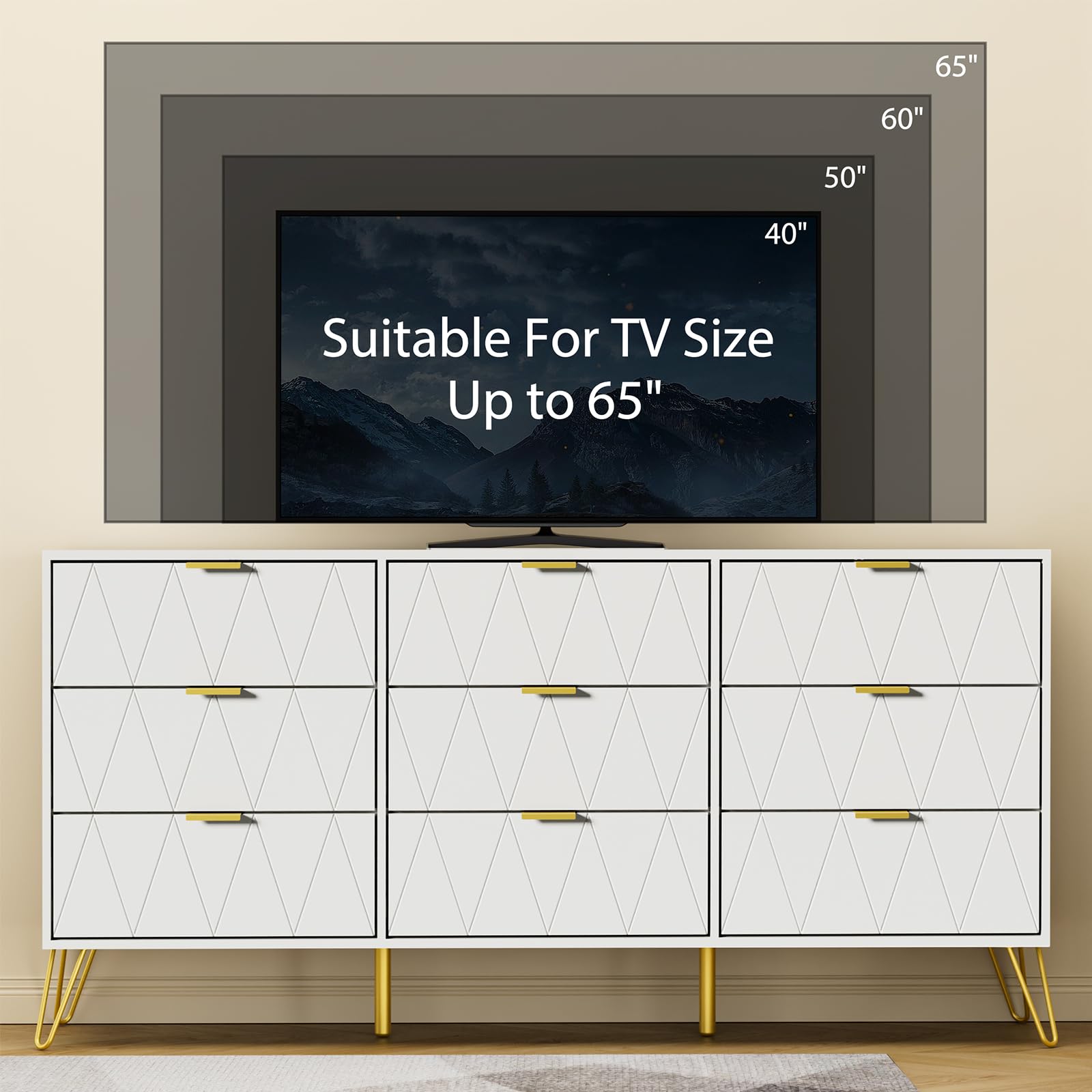 White 9 Drawer Dresser with Deep Drawers and Gold Handles