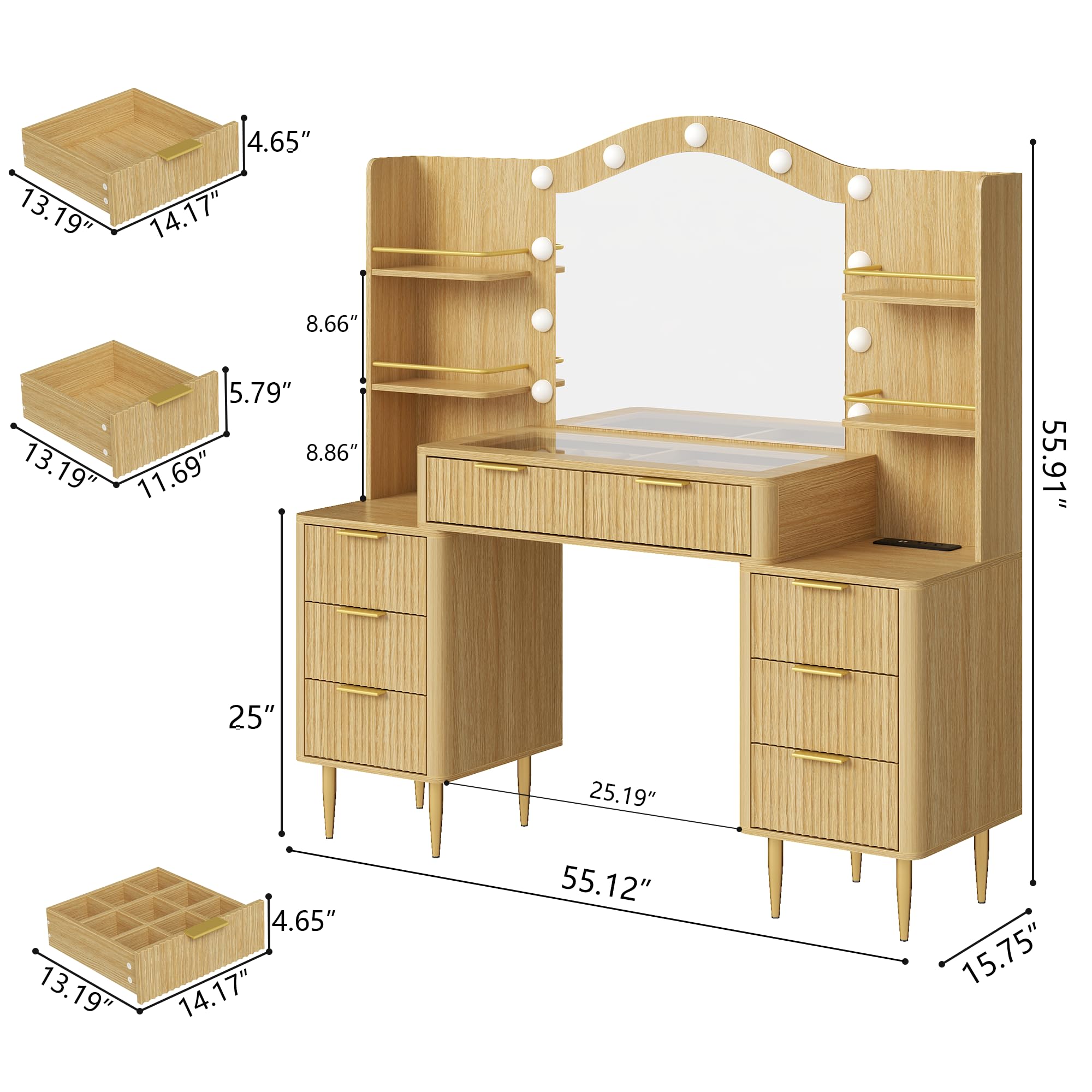 55" Fluted Vanity Desk with Mirror and Lights
