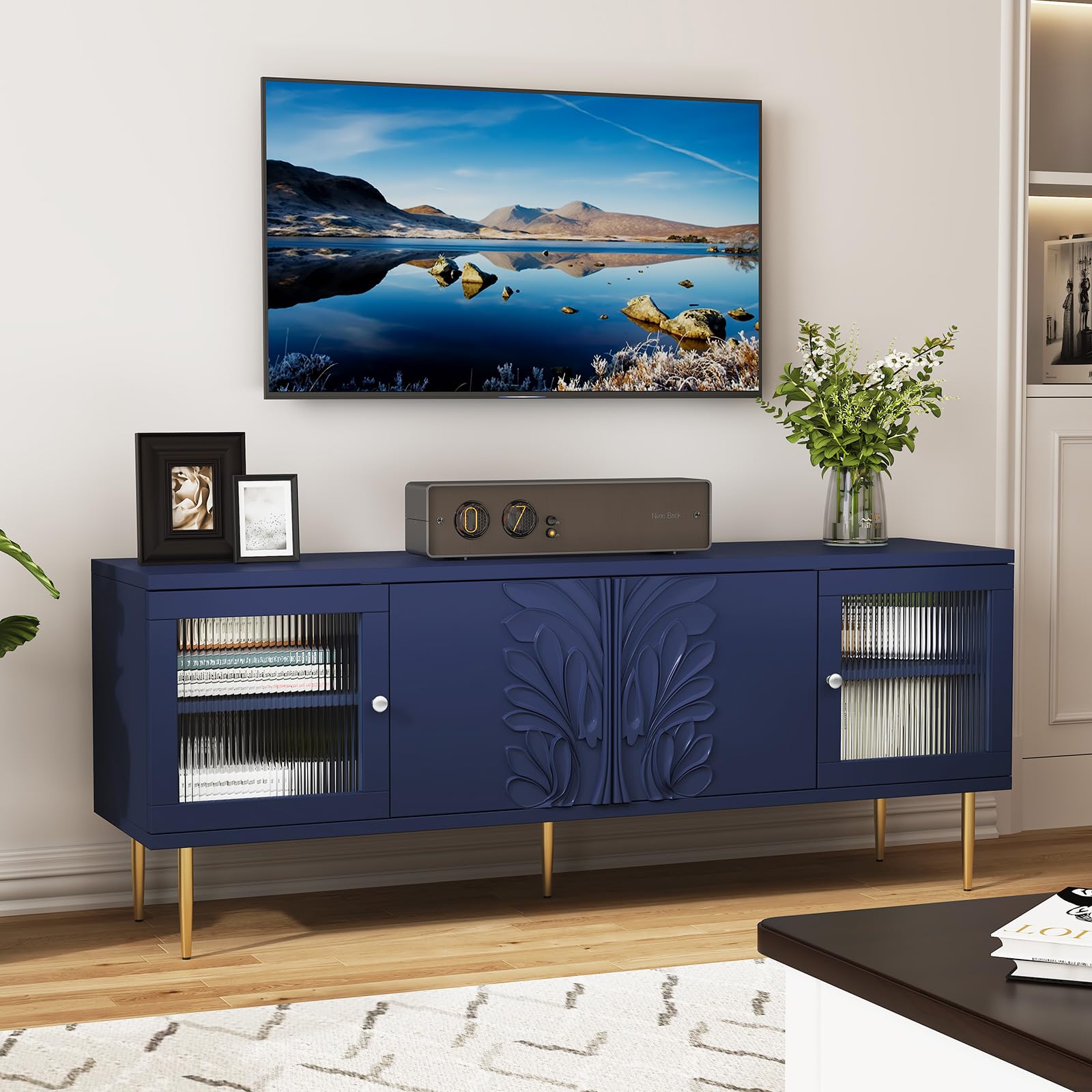 TV Stand with 3D Floral Pattern and Glass Doors