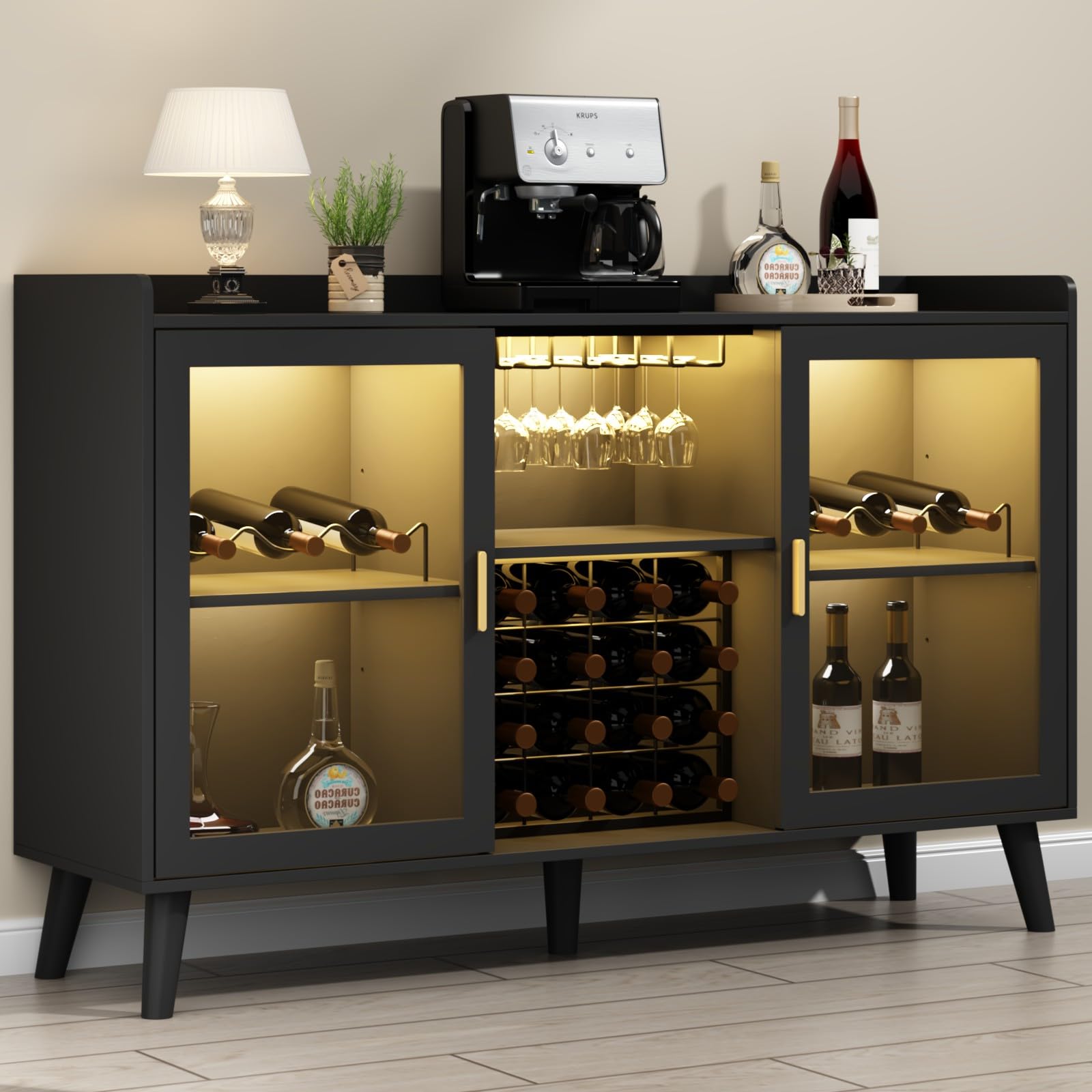 Wine Bar Cabinet with LED Light and Storage