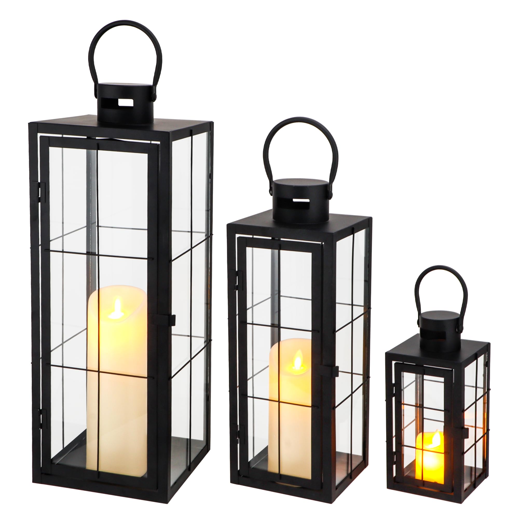 Metal Candle Lantern Set of 3 - Black Decorative Hanging Lanterns