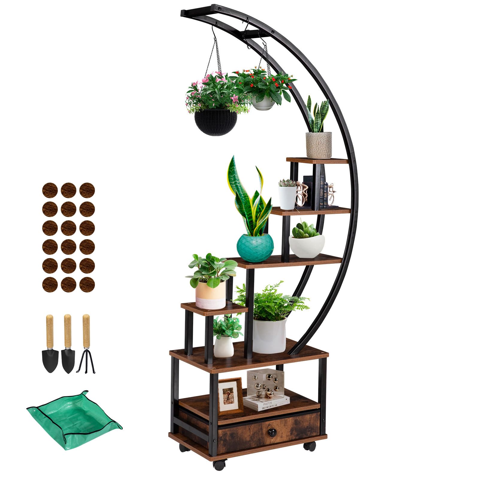 7-Tier Half Moon Plant Stand with Lockable Wheels