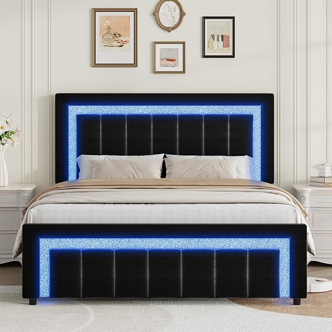 Queen LED Bed Frame with Diamond Tufted Headboard