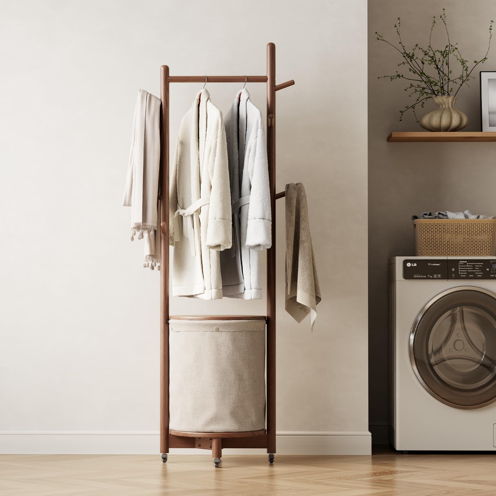 Solid Wood Coat Rack with Fabric Basket and 9 Hooks