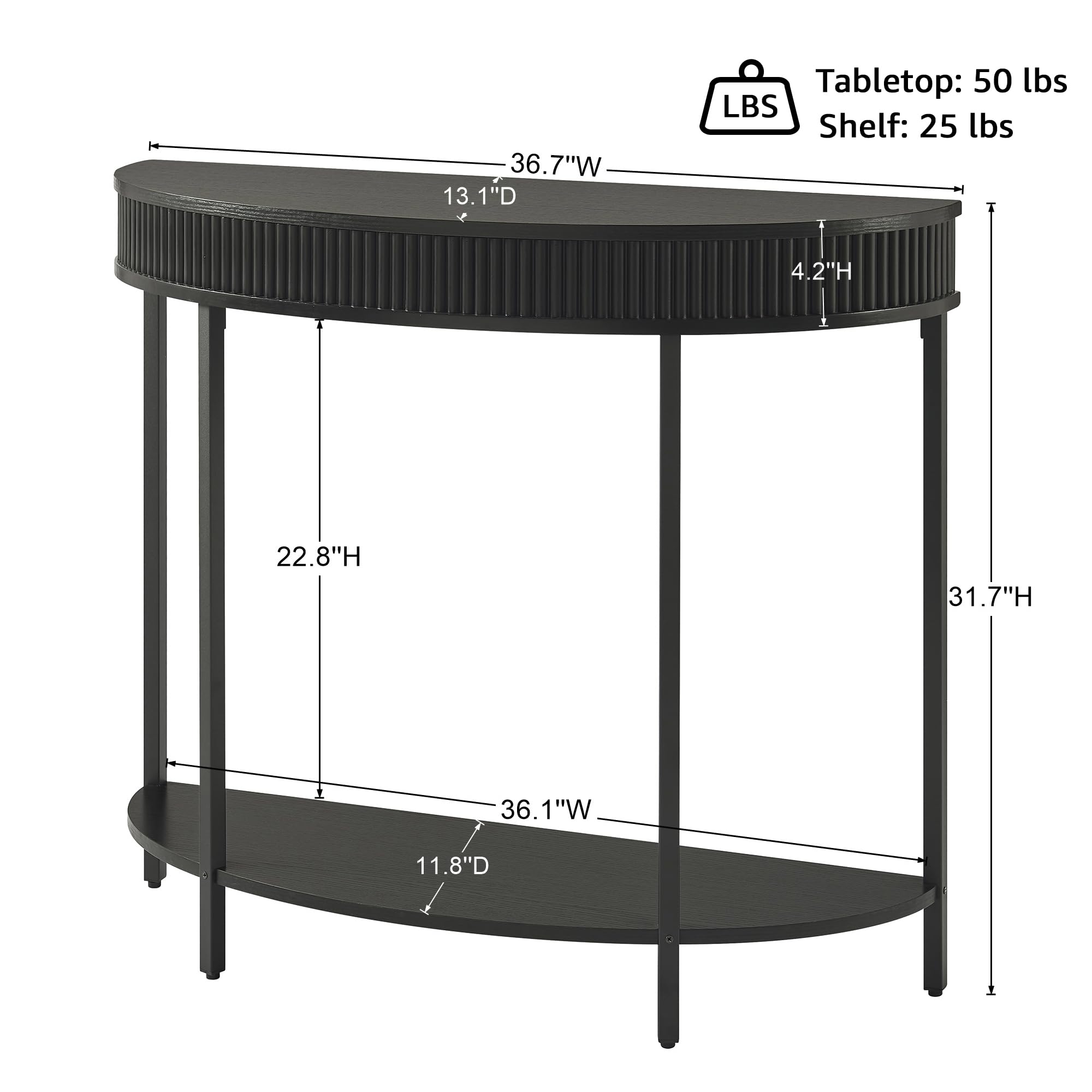 Fluted Half Moon Console Table - Modern 2-Tier Black Entryway