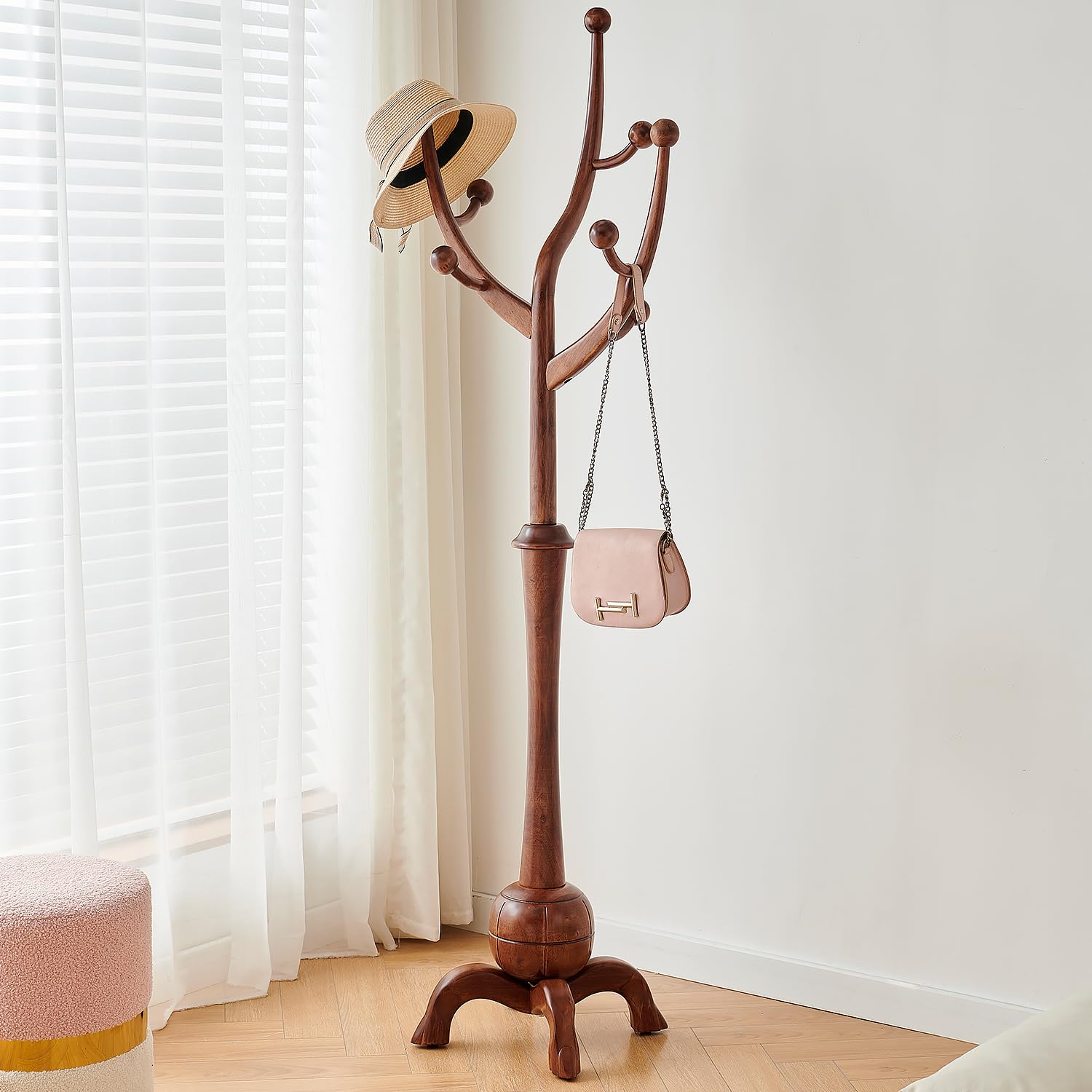 Freestanding Wood Coat Rack with Tree Branch Hooks