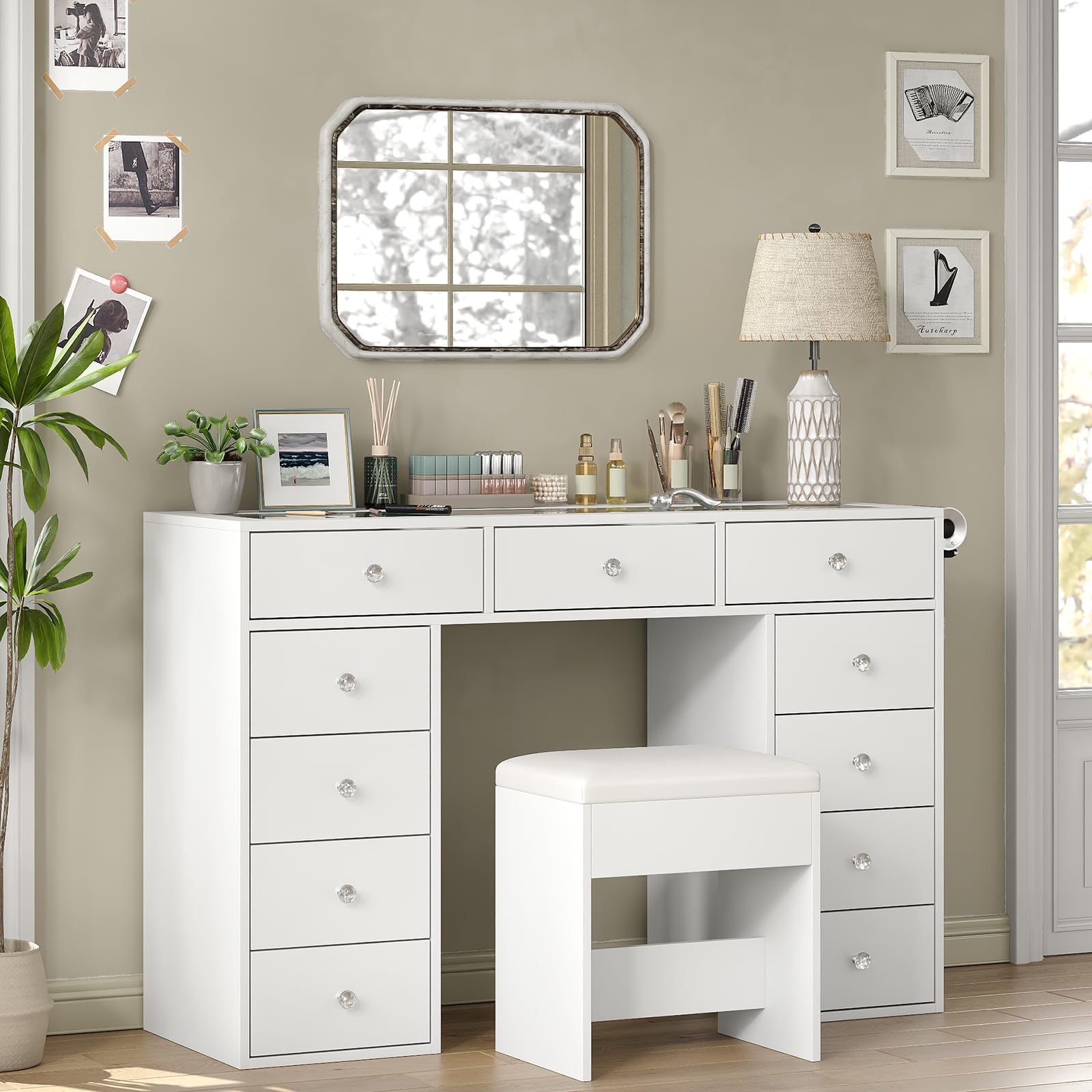 47" Glass Top Vanity Desk with 11 Drawers and Charging Station