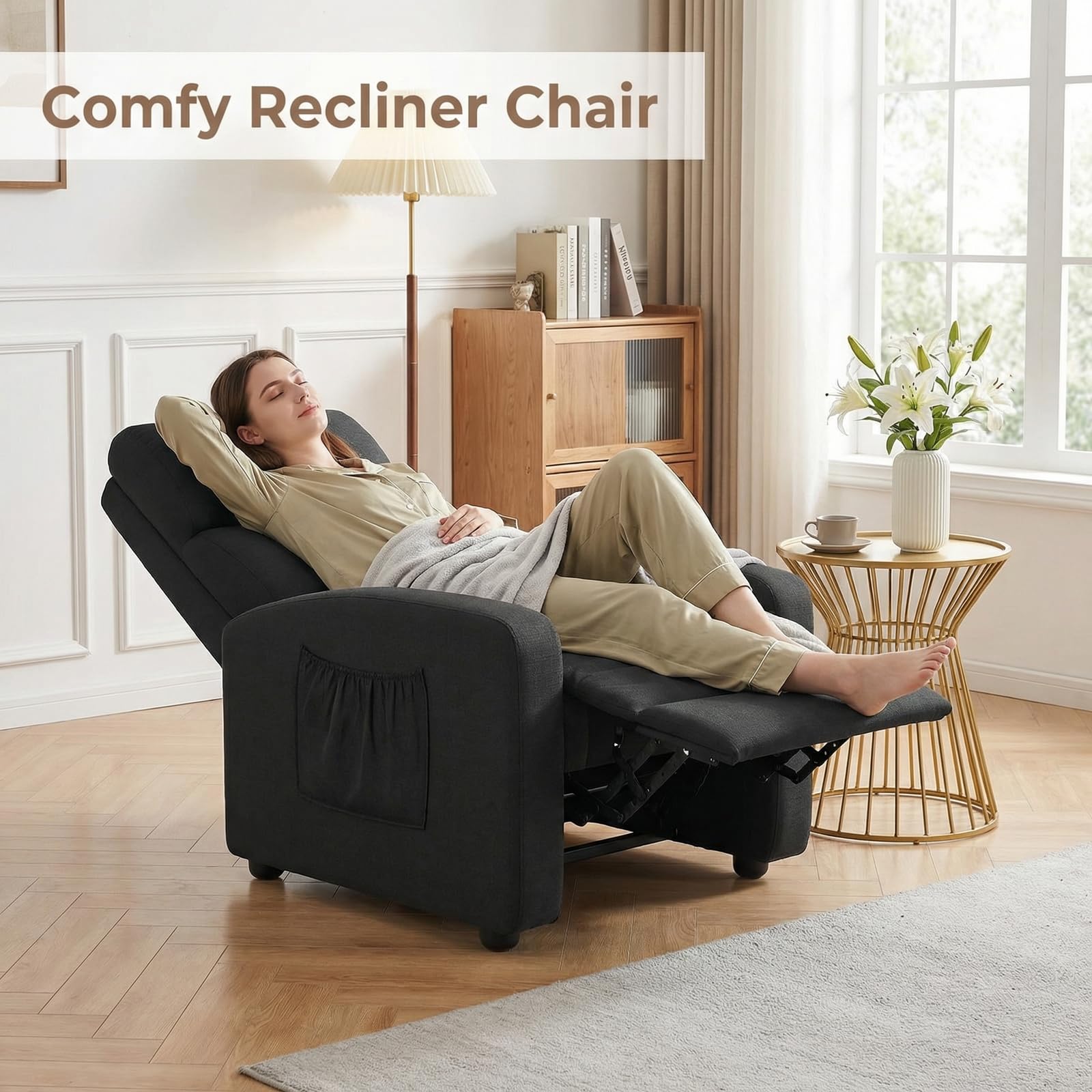 TLSUNNY Fabric Recliner Chair, Single Reclining Sofa with Thicker Seat Cushion and a Side Pocket, Home Theater Seating with Adjustable Backrest and Footrest, for Living Room, Linen (Black)