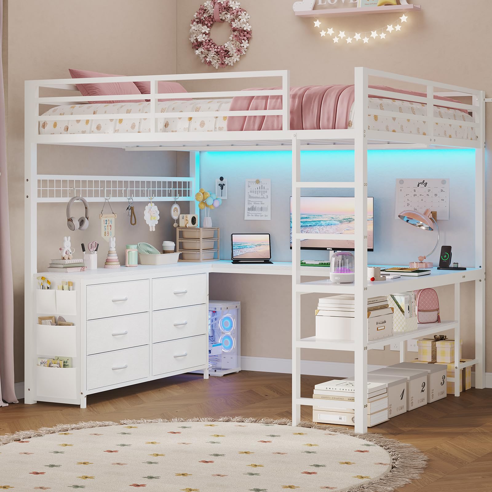 Full Size Loft Bed with U-Shaped Desk and Storage Drawers