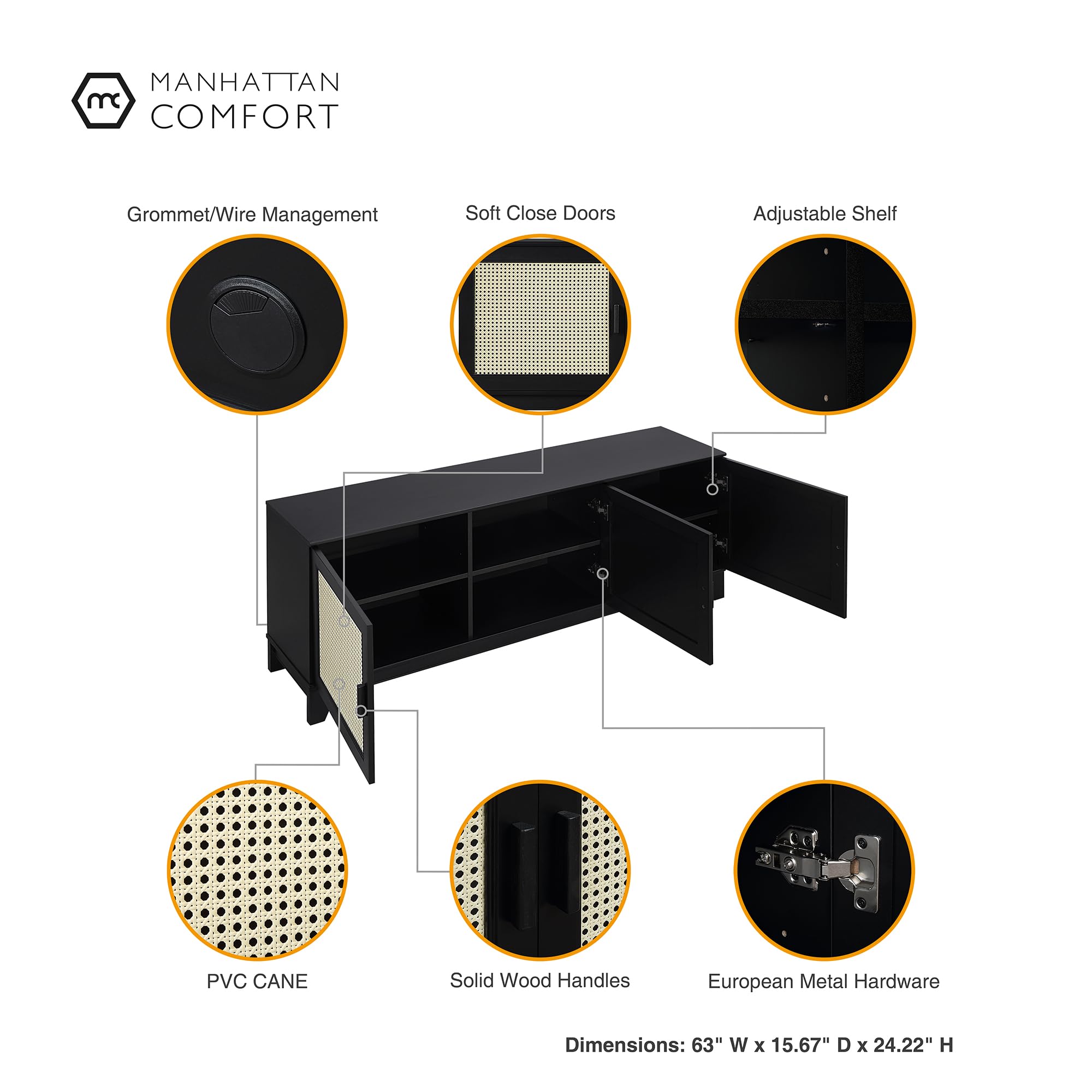 Mid-Century Modern Cane TV Stand 55 Inch