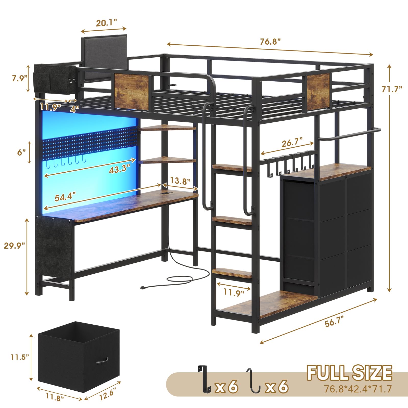 Full Size Loft Bed with Desk and Storage