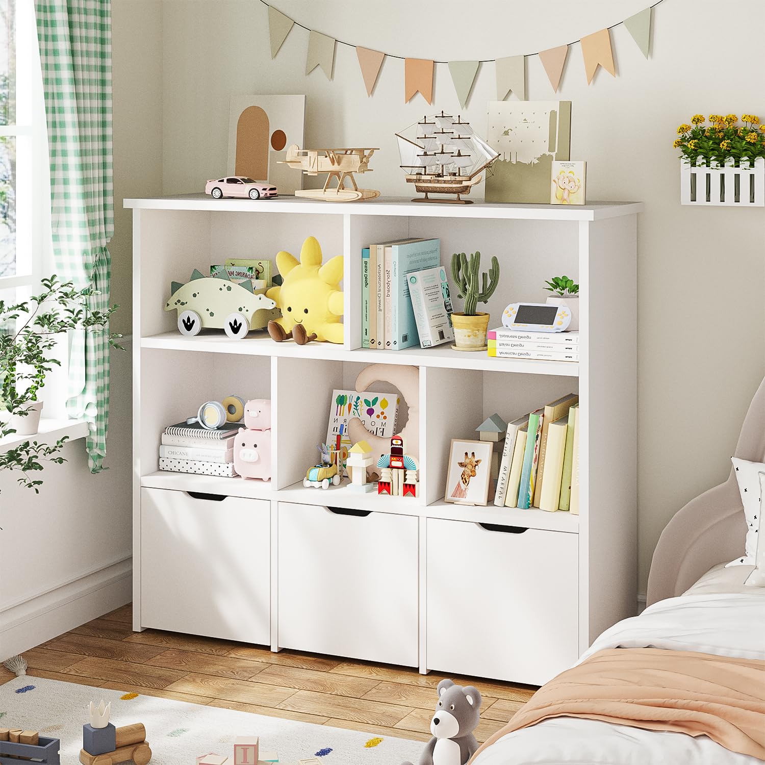 Kids Bookshelf and Toy Storage Organizer with Drawers