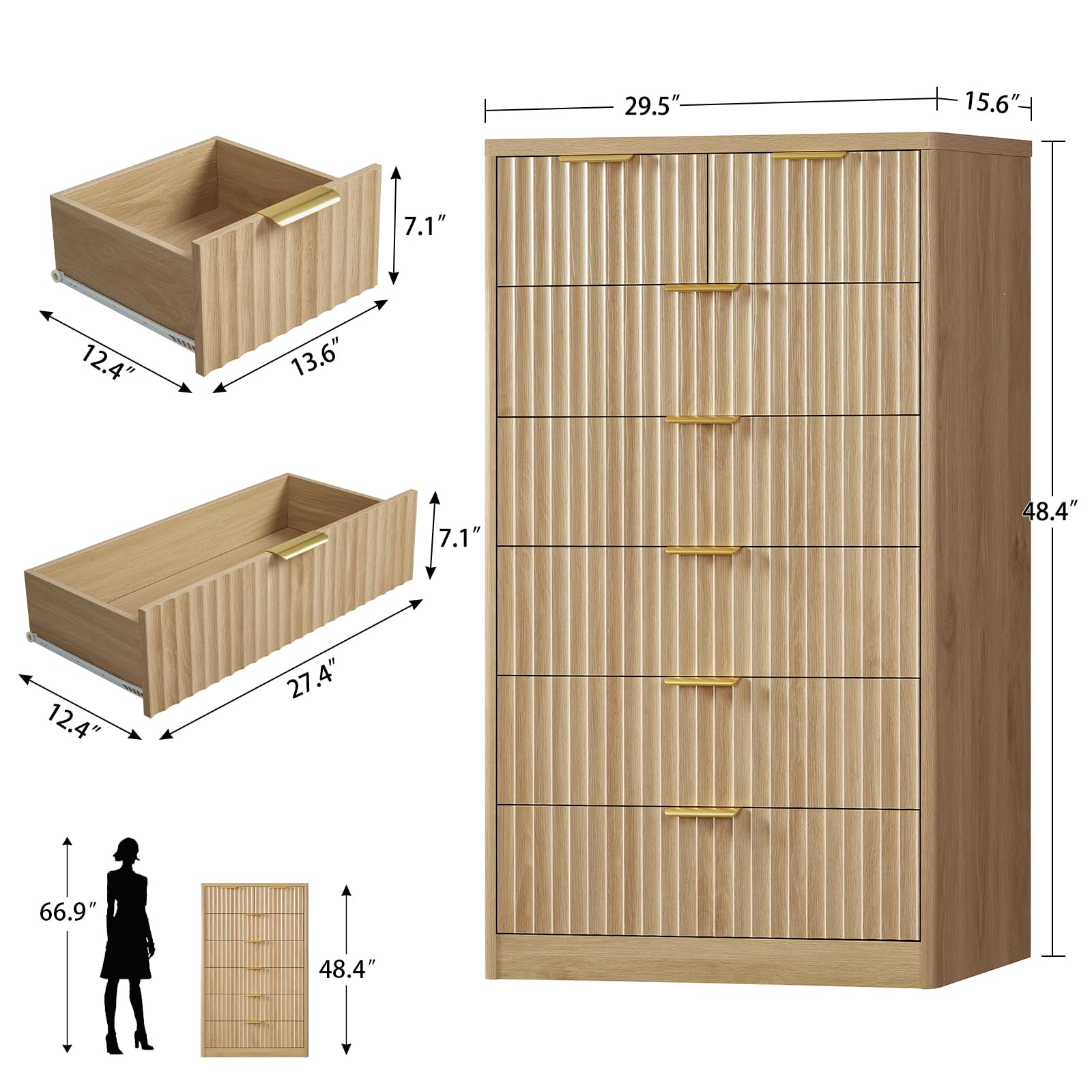 Fluted Dresser with 7 Drawers - 48" Tall Modern Chest of Drawers