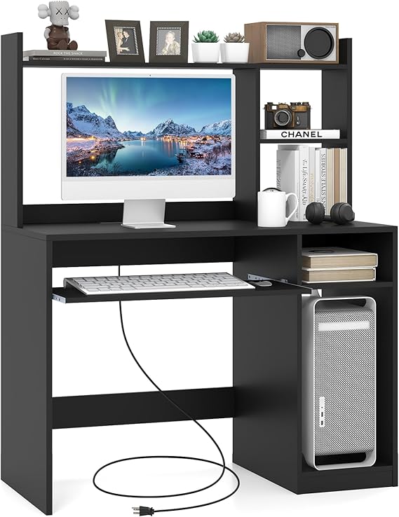 White Modern Computer Desk with Storage Shelf and Hutch