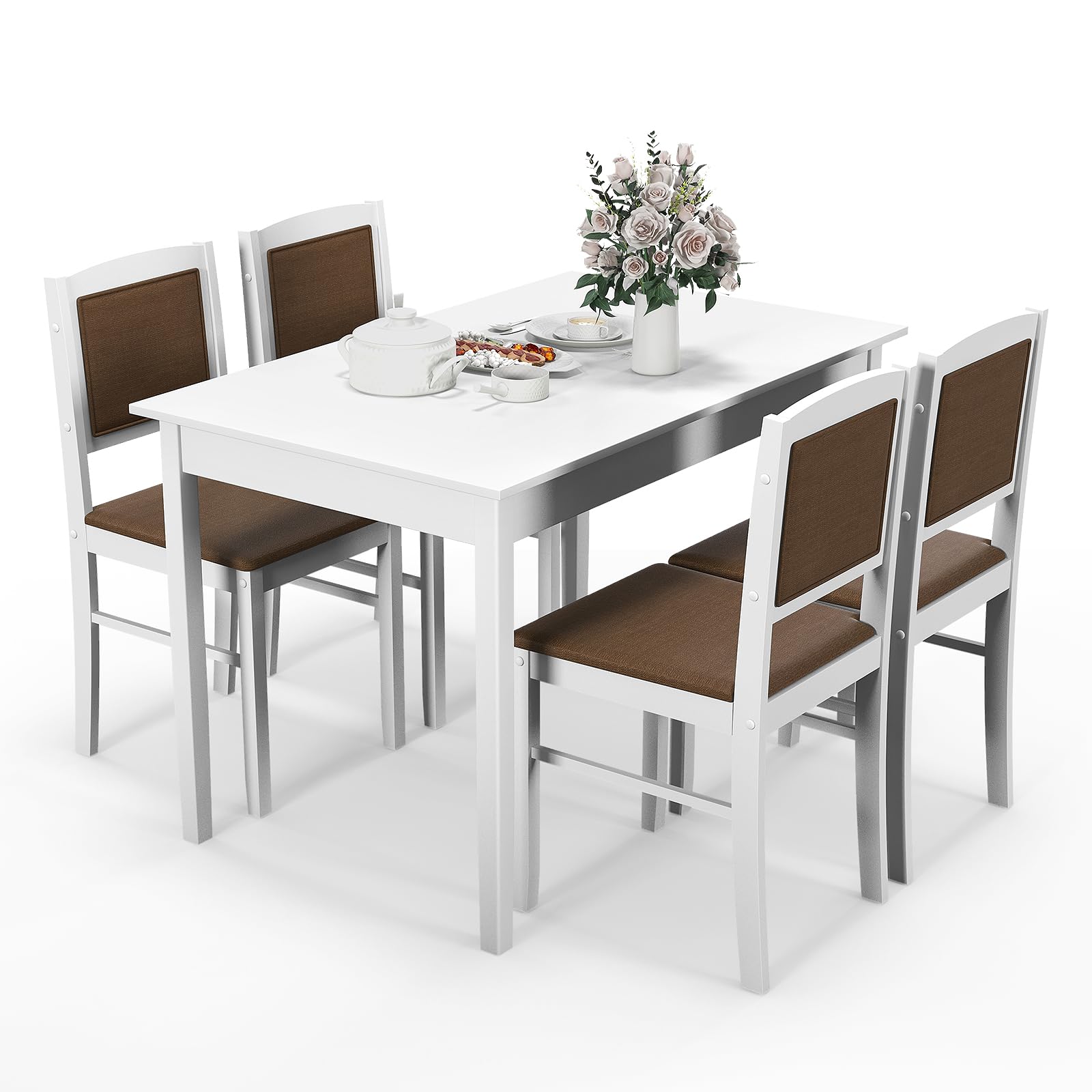 5-Piece Solid Wood Dining Set with Upholstered Chairs