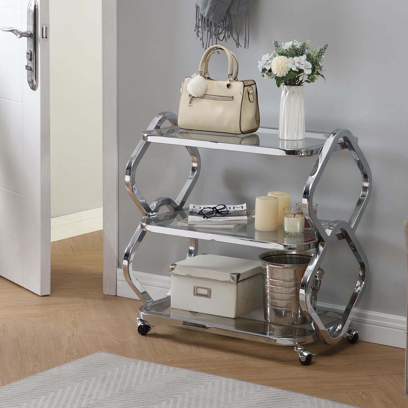 Silver Bar Cart with Wheels and Glass Shelves