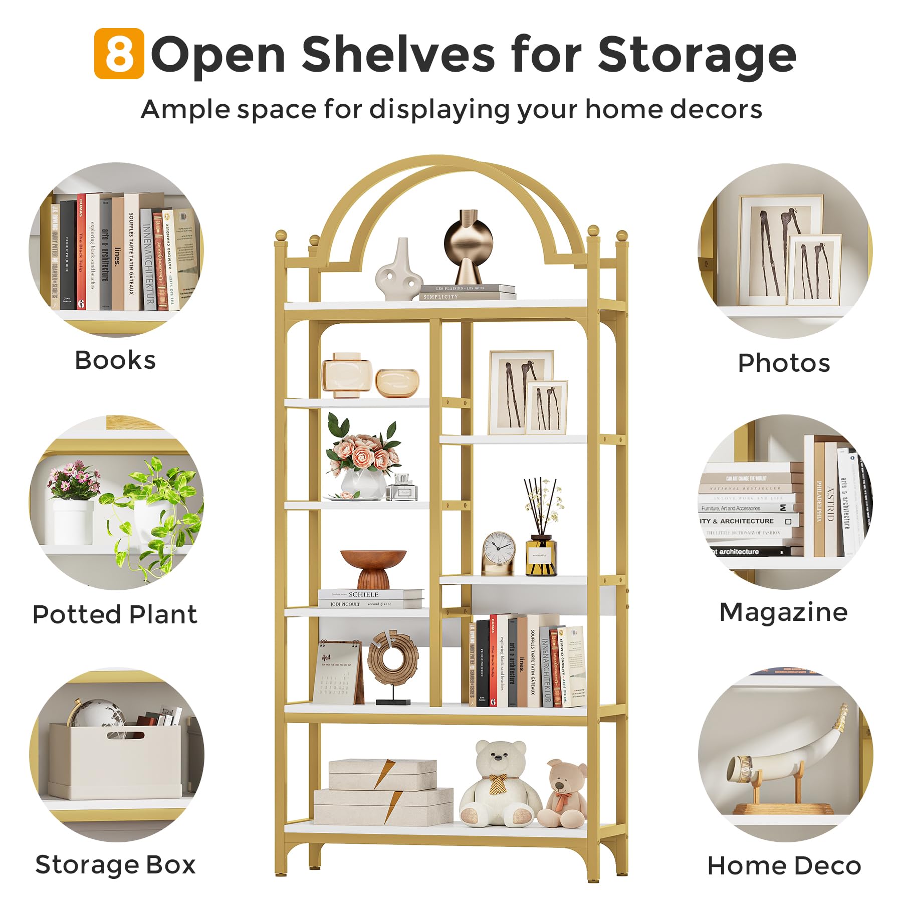 71 Inch Tall Gold Bookshelf 8-Tier Modern Arched Etagere