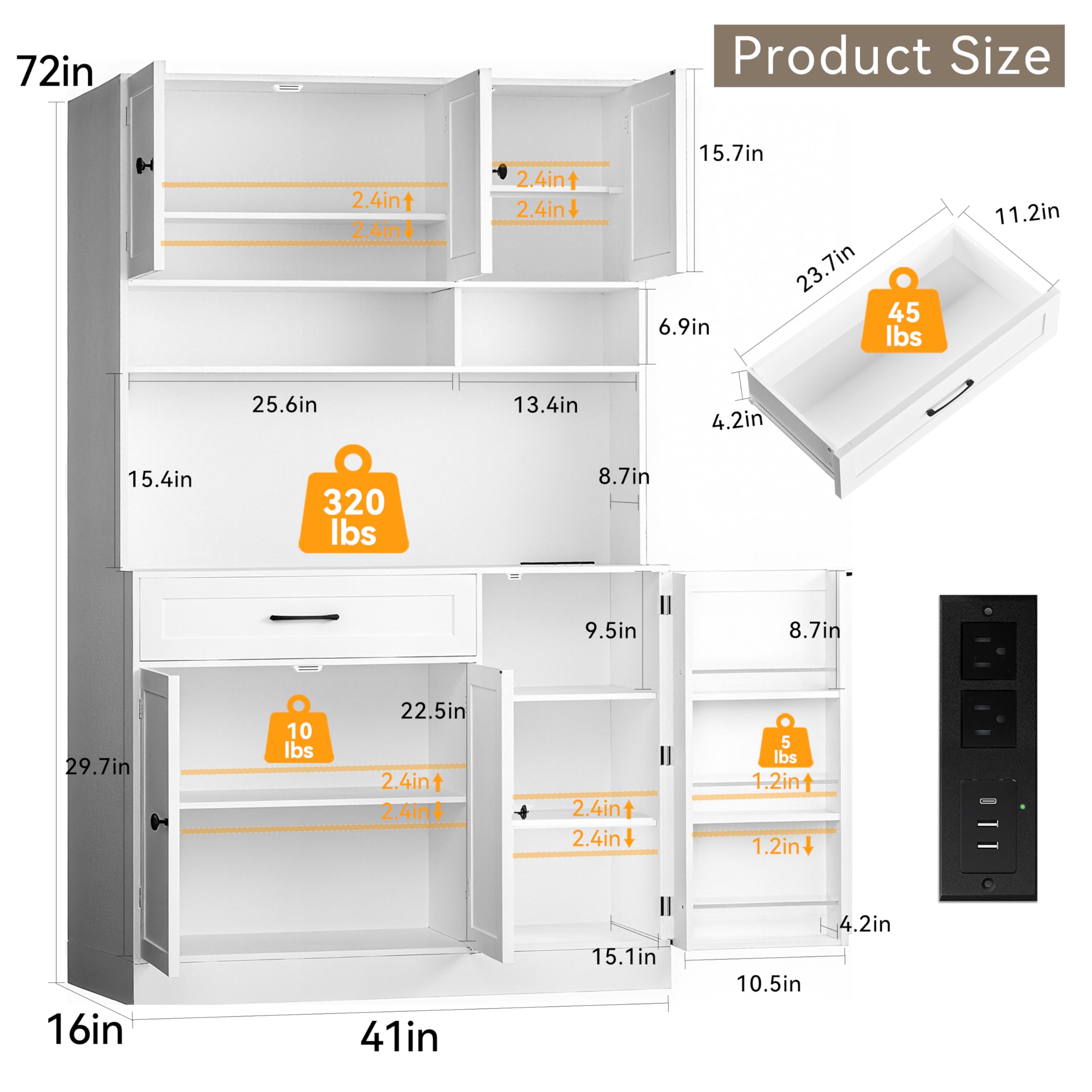 Kitchen Pantry Cabinet with LED Light and Charging Station