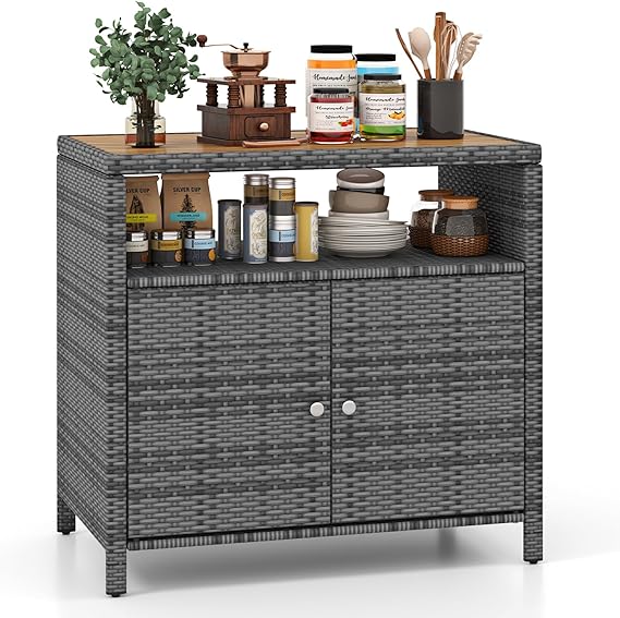 Wicker Outdoor Bar Cabinet with Acacia Wood Countertop
