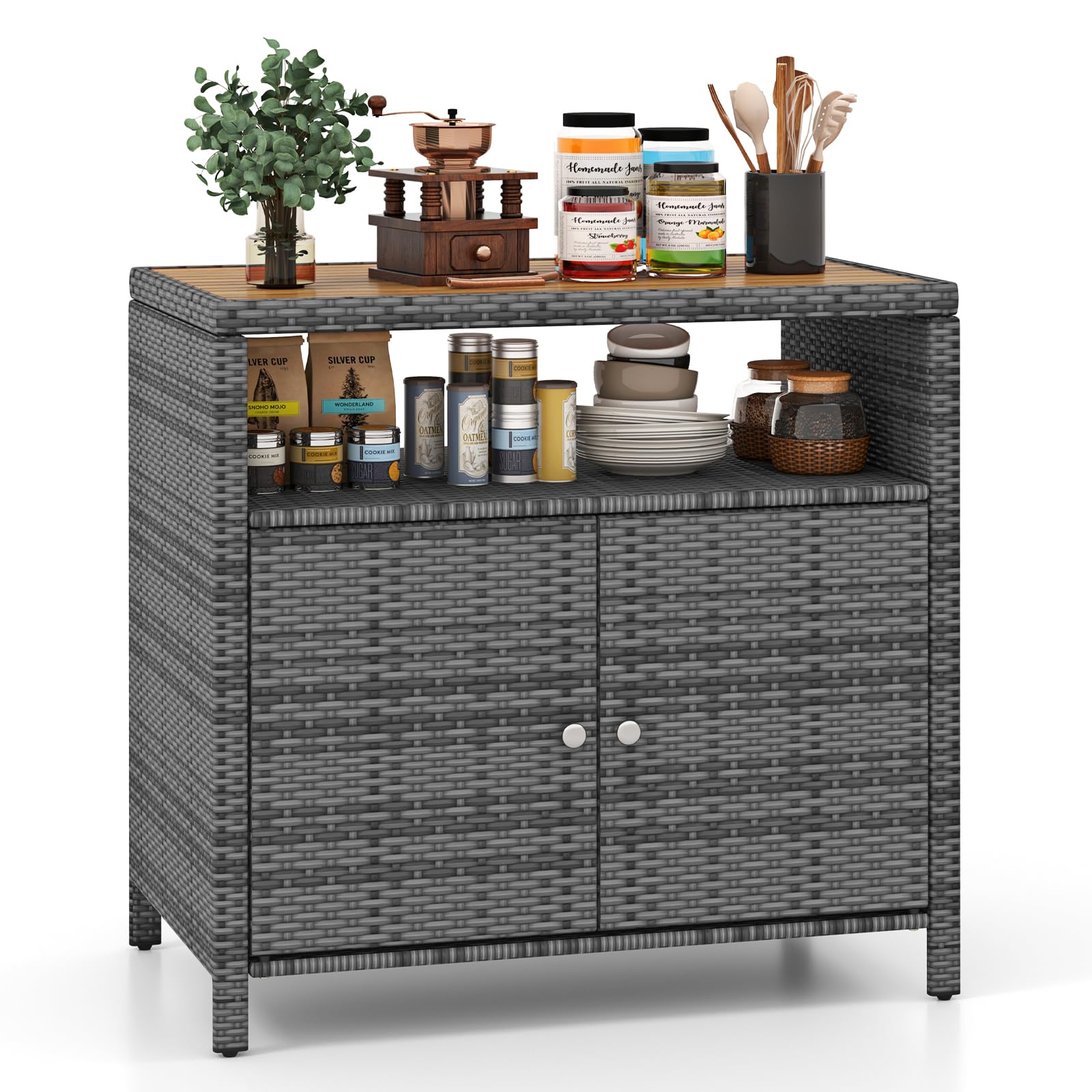 Wicker Outdoor Bar Cabinet with Acacia Wood Countertop