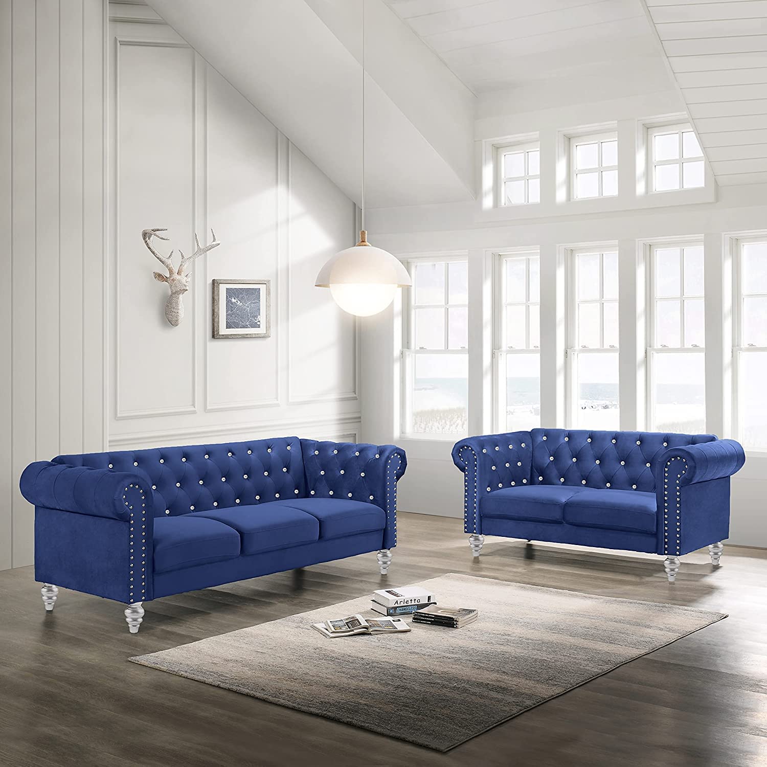 Emma Crystal Sofa and Loveseat Set Royal Blue