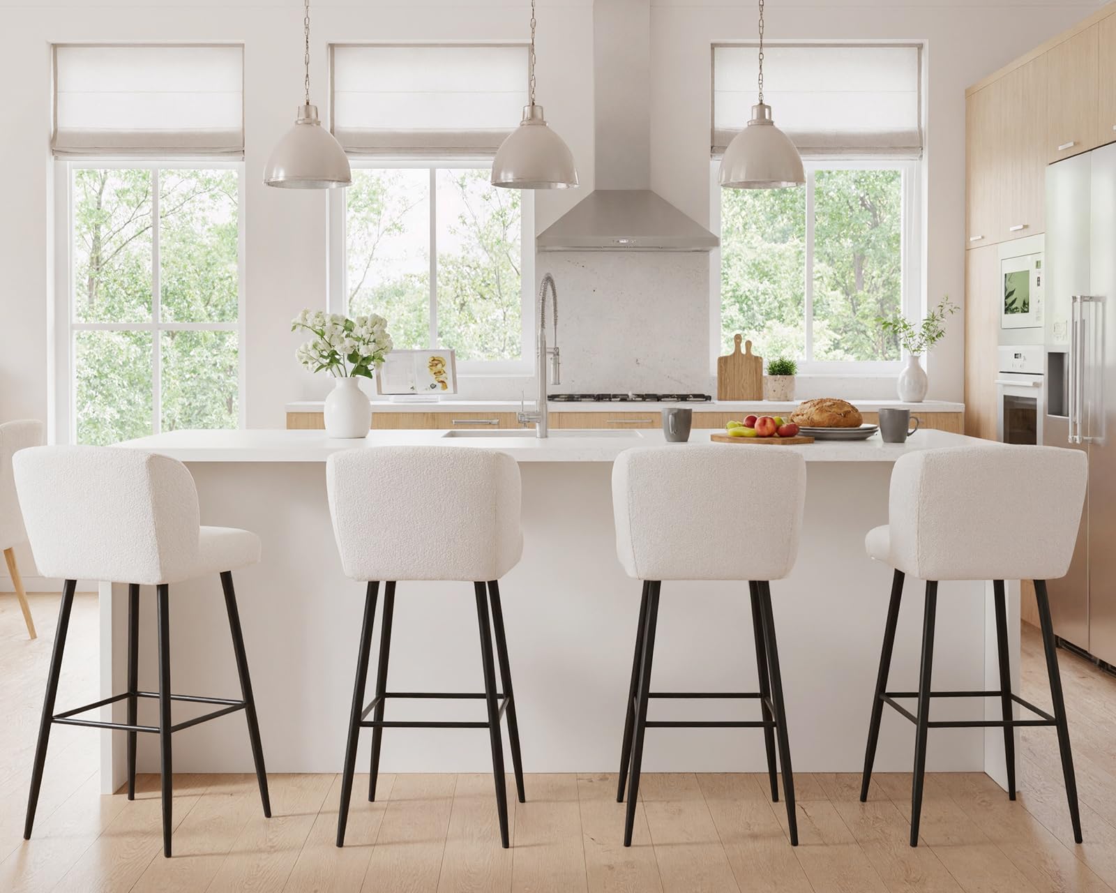 Counter Height Bar Stools Set of 2 - Sherpa Boucle Upholstered with Back