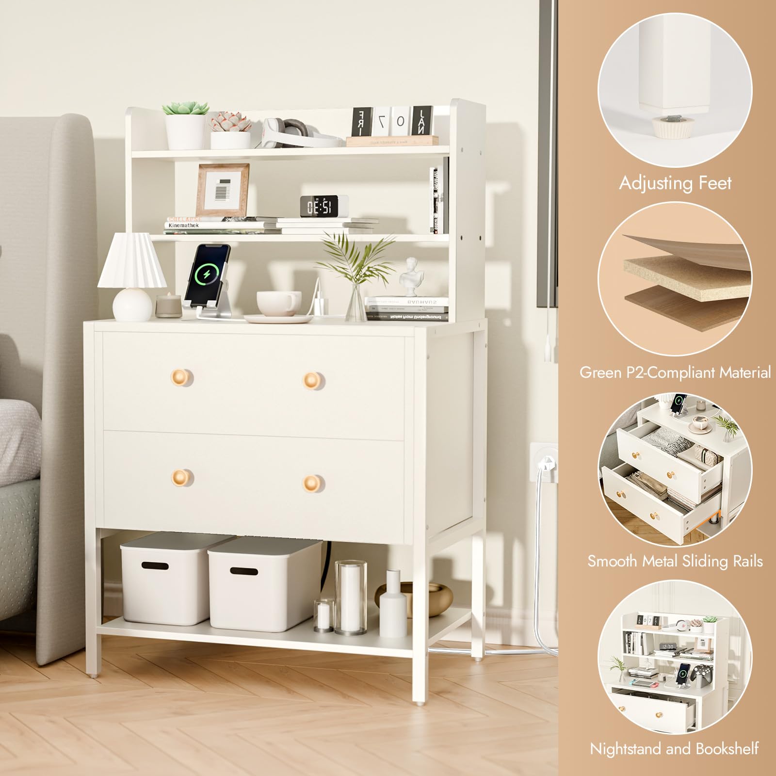 24 Inch Wide Nightstand with Charging Station and Adjustable Drawers