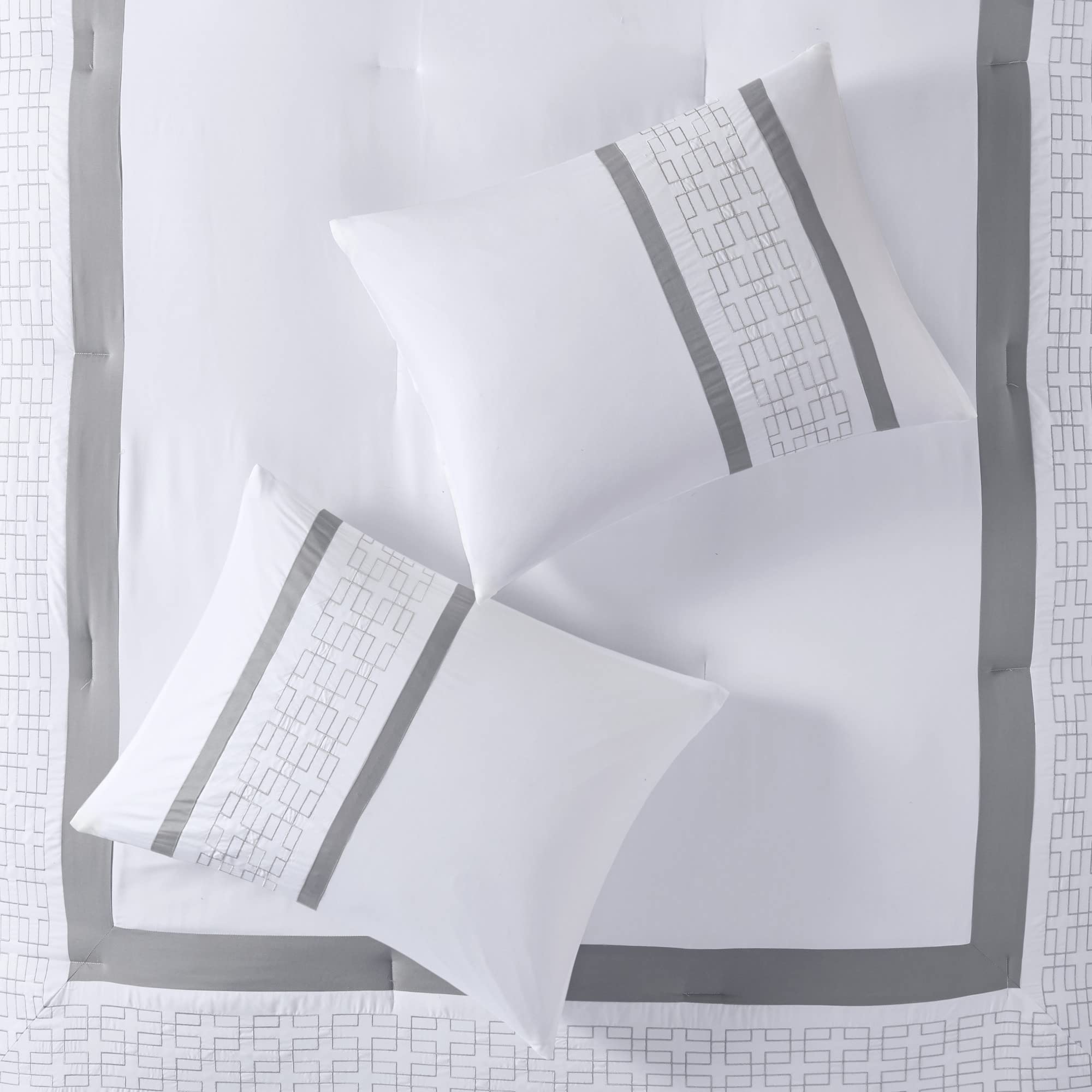 510 DESIGN Powell Cozy Comforter Set, Hotel Style Border Design with Geometric Embroidery Details, All Season Bedding with Matching Sham, Decorative Pillow, Bedskirt, Queen(90"x90"), White 8 Piece