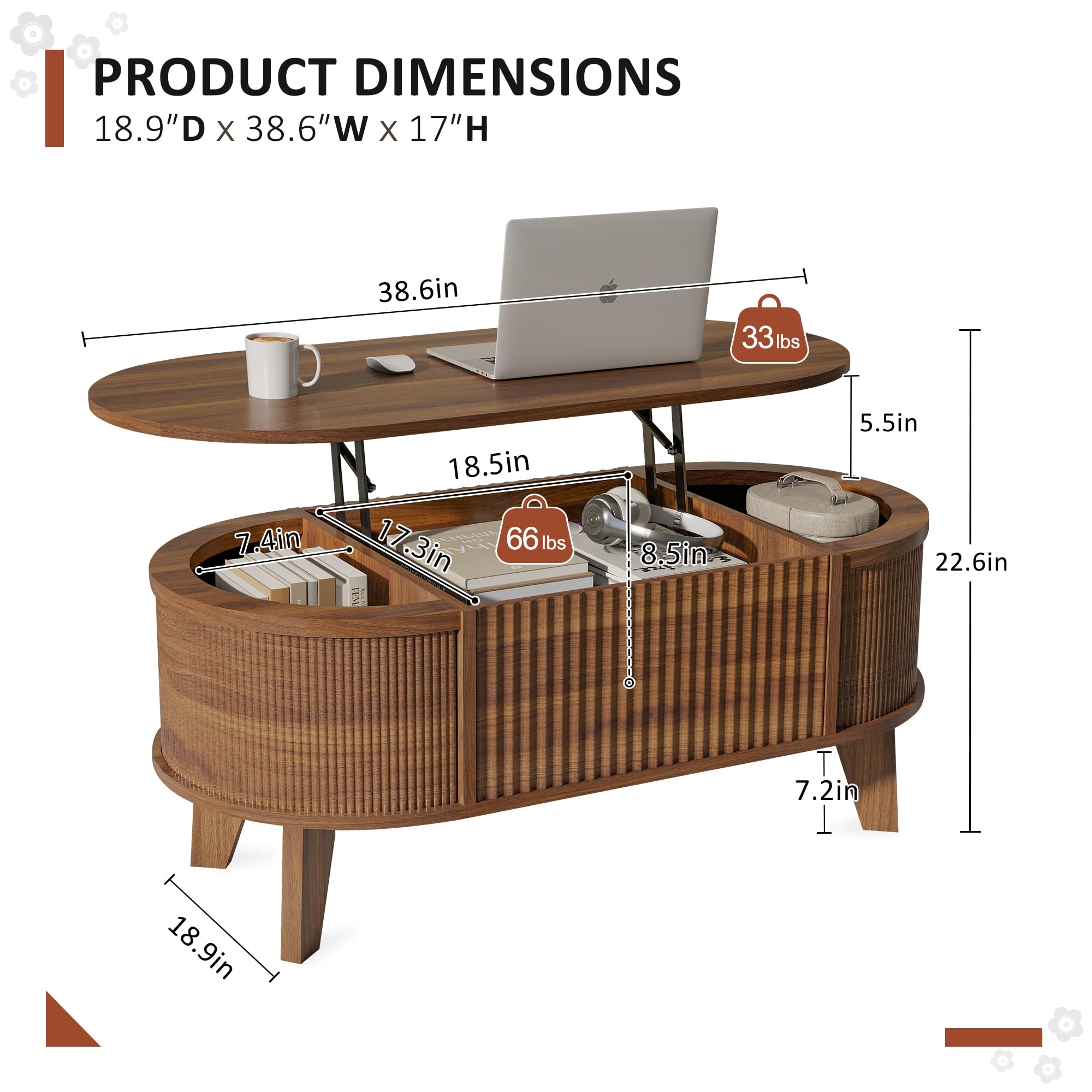 Fluted Lift Top Coffee Table with Storage