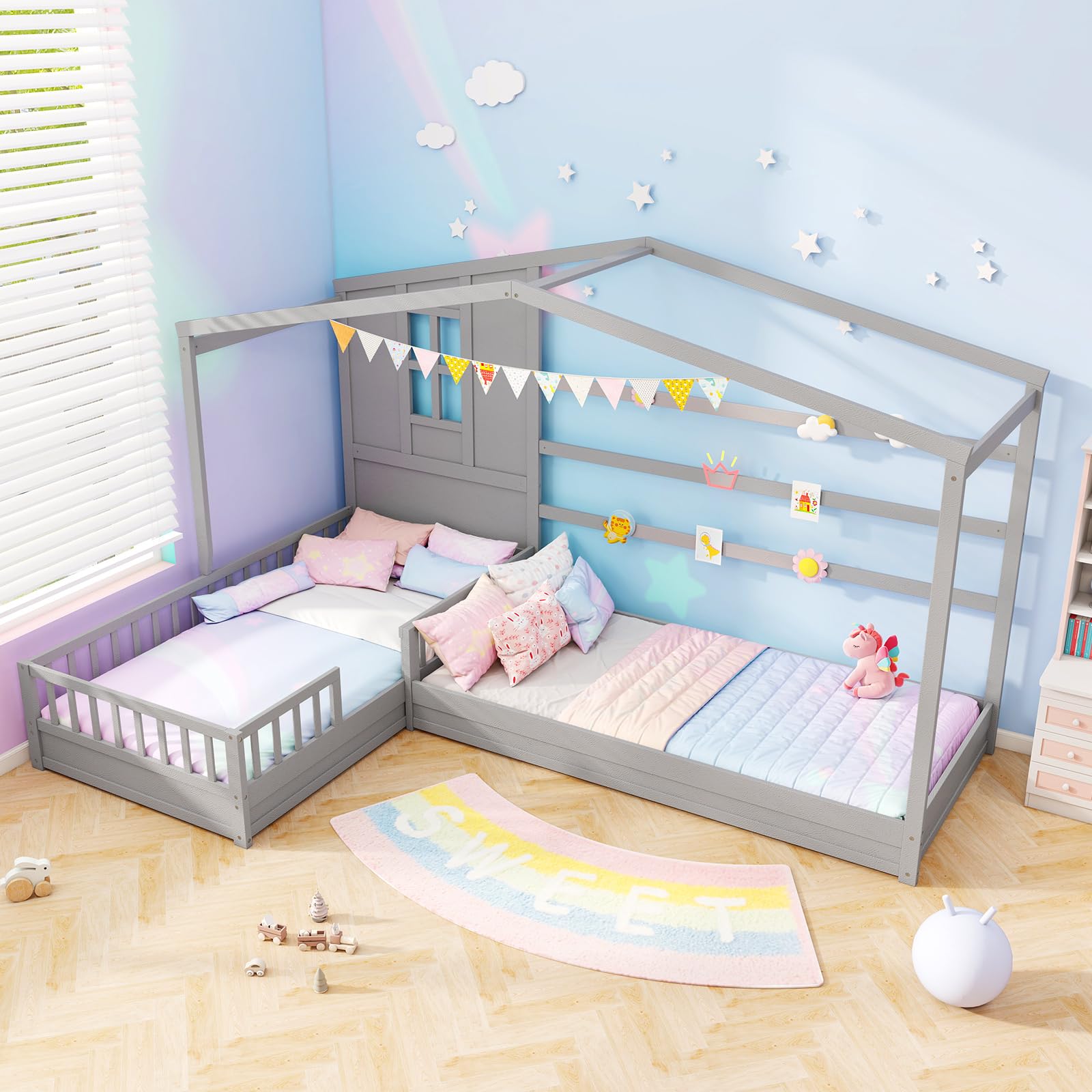 Double Twin L-Shaped House Bed with Window and Fences