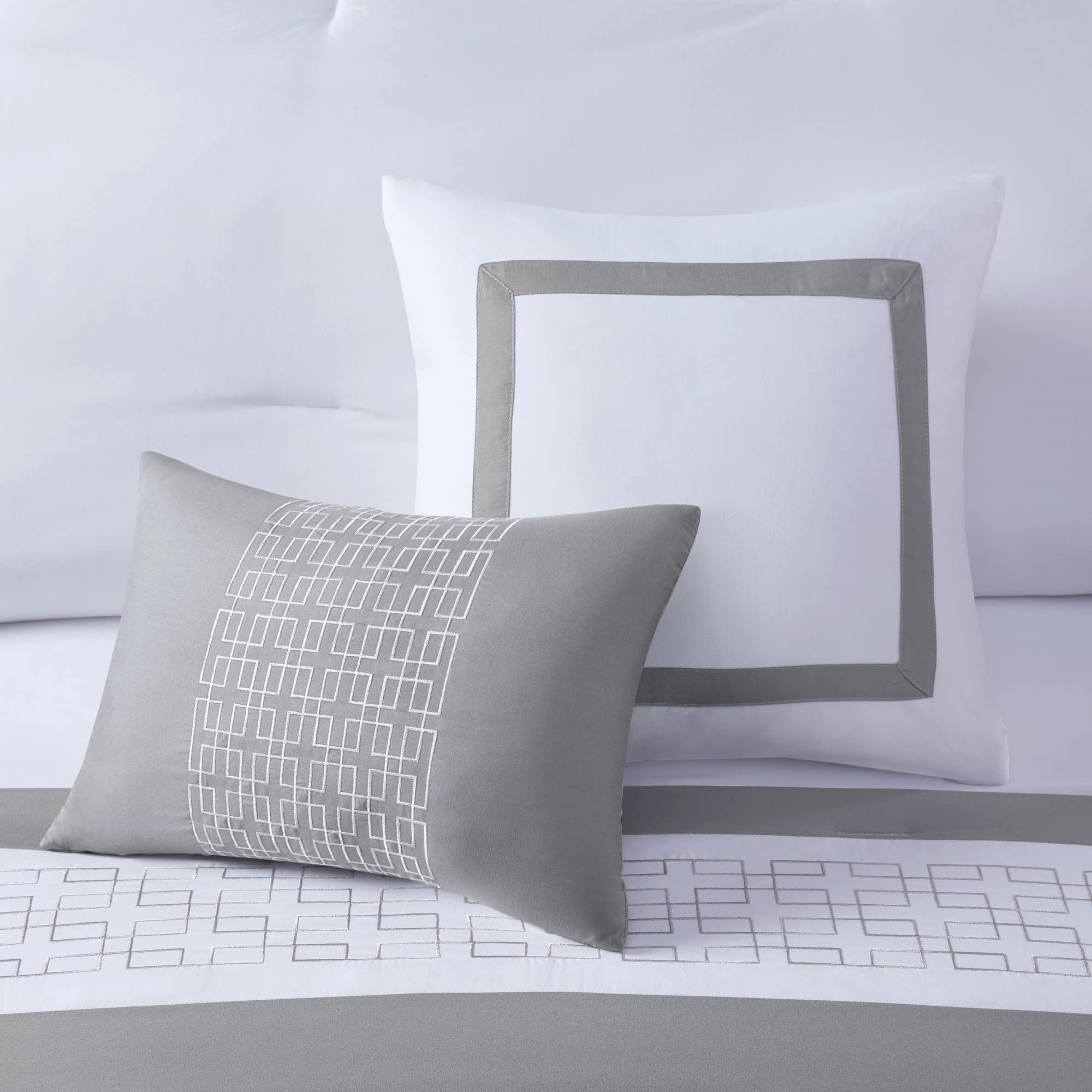 510 DESIGN Powell Cozy Comforter Set, Hotel Style Border Design with Geometric Embroidery Details, All Season Bedding with Matching Sham, Decorative Pillow, Bedskirt, Queen(90"x90"), White 8 Piece