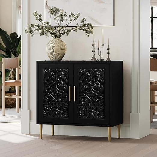 Vintage Hollow Carved Buffet Cabinet with Storage