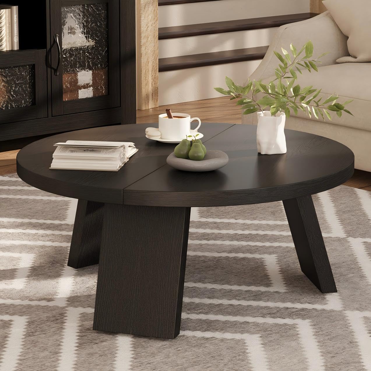 Round Coffee Table with Inclined Legs - Black